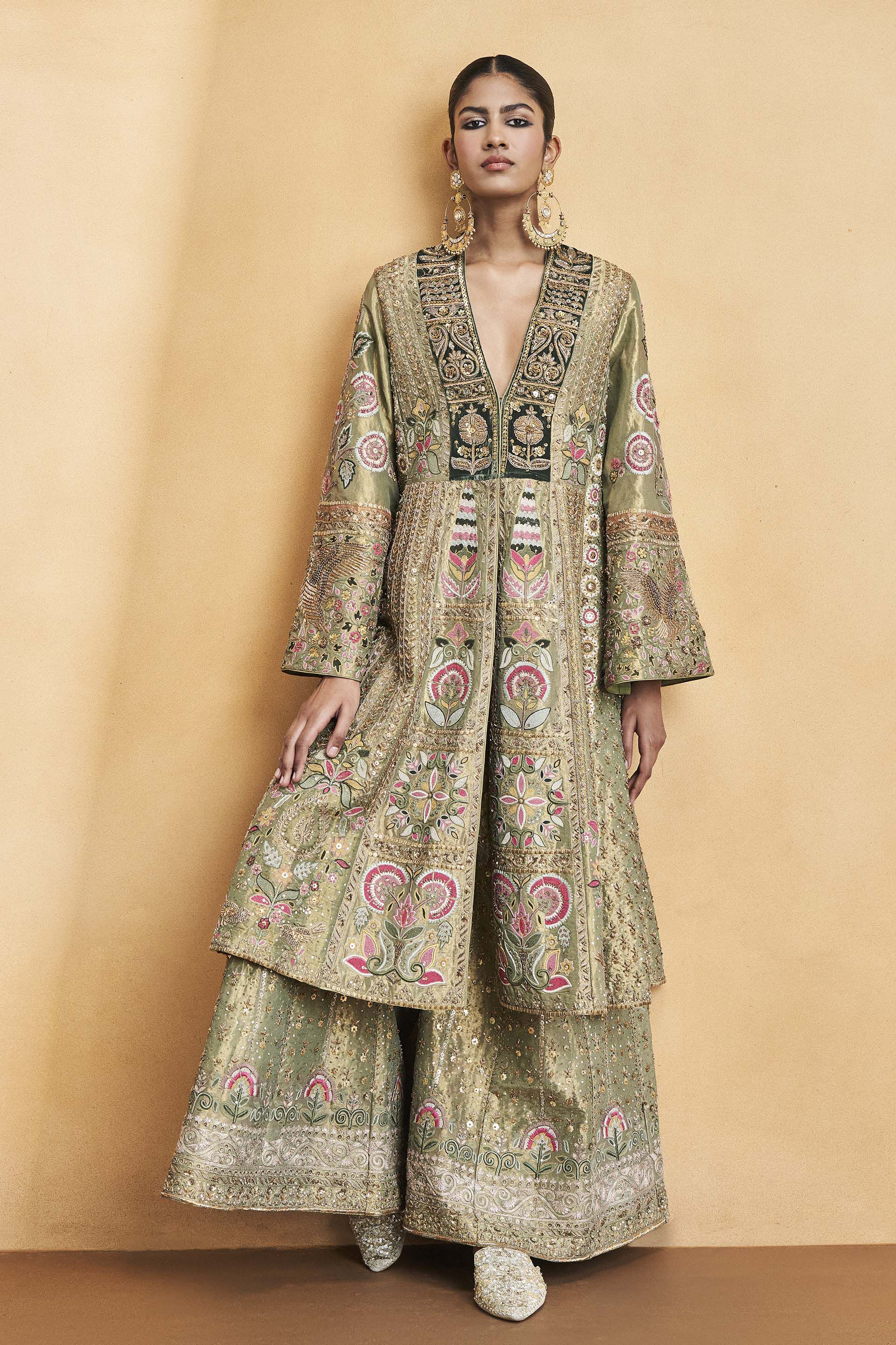 Melody Of The Flowers Embroidered Zardozi Sharara Set - Sage