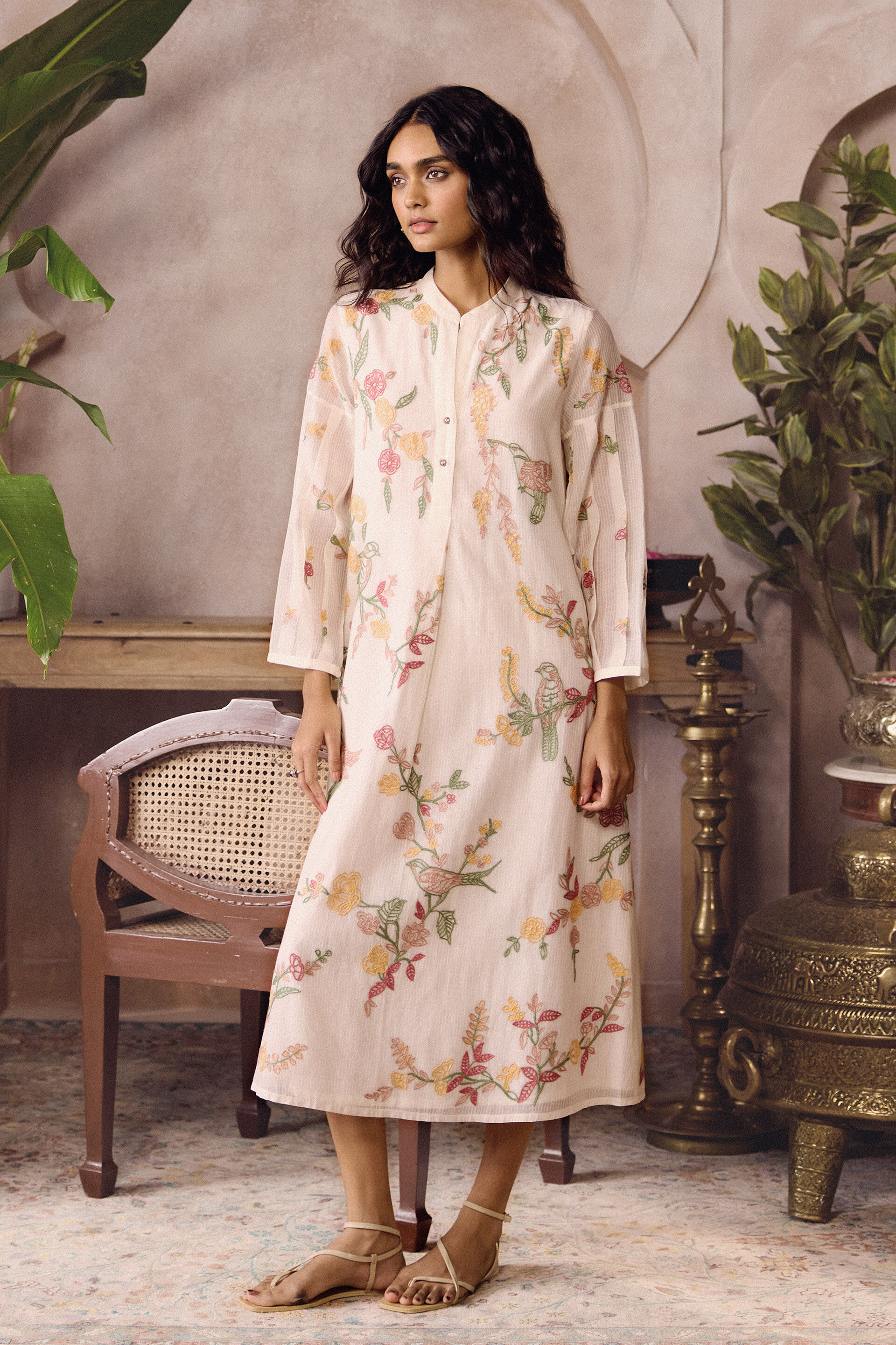 Derowen Hand-embroidered SEWA Dress - Ivory, Ivory, image 3