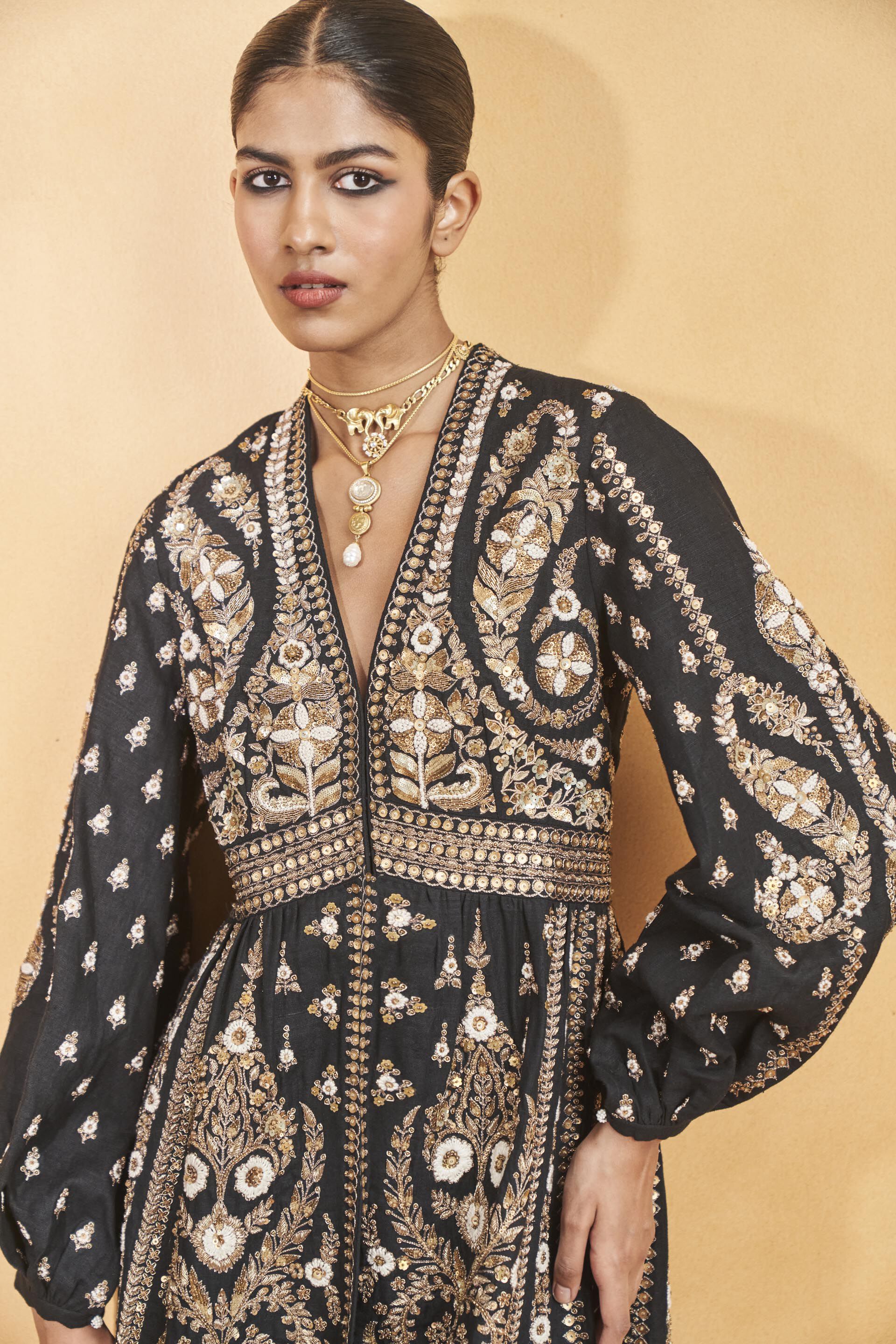 Into The Wilderness Embroidered Zardozi Silk Kurta Set - Black, Black, image 6