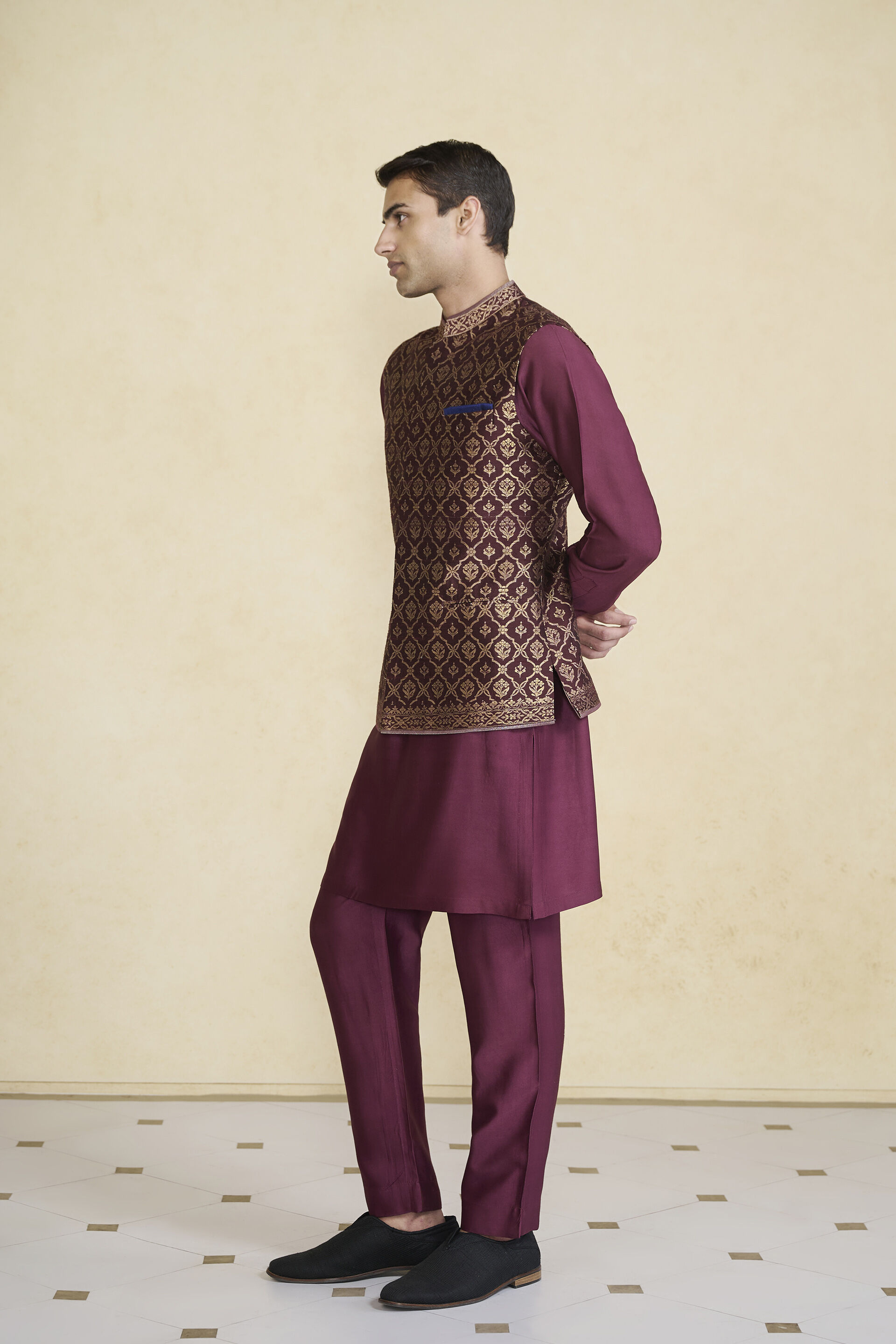 Davin Handwoven Benarasi Nehru Jacket - Plum, Plum, image 3