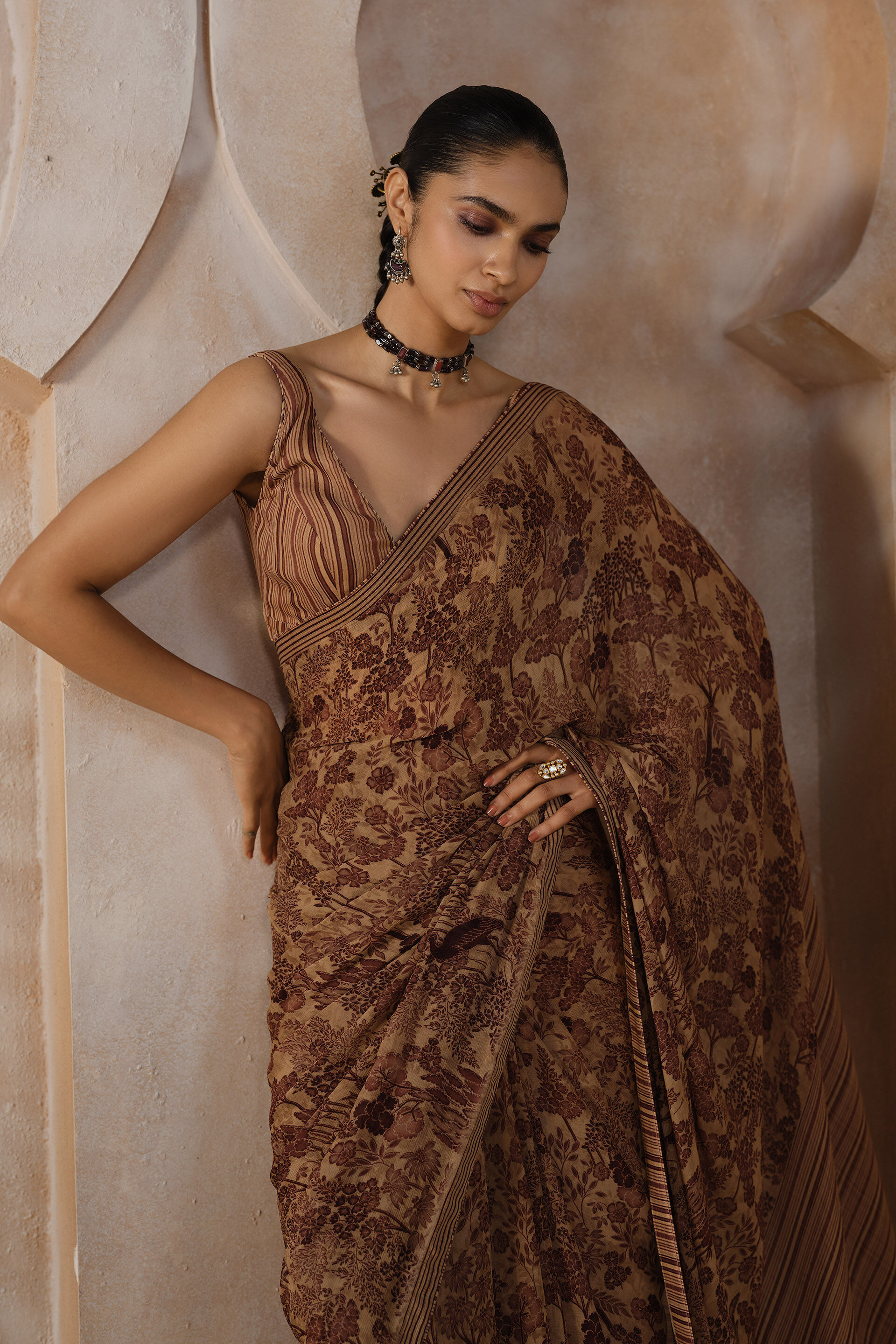 Onerva Chiffon Saree, Beige, image 4