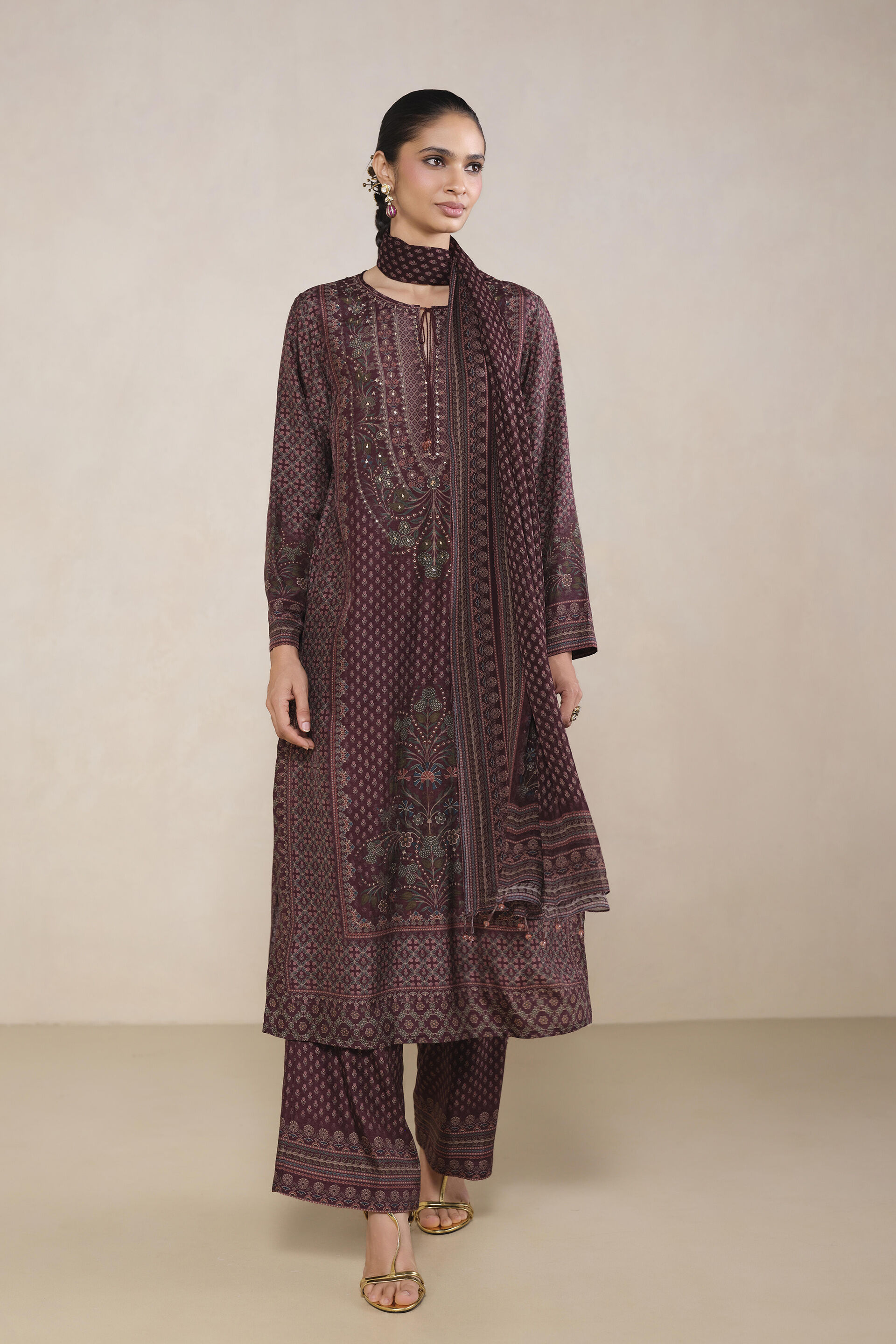 Trisha Printed Suit Set in Wine, Wine, image 1