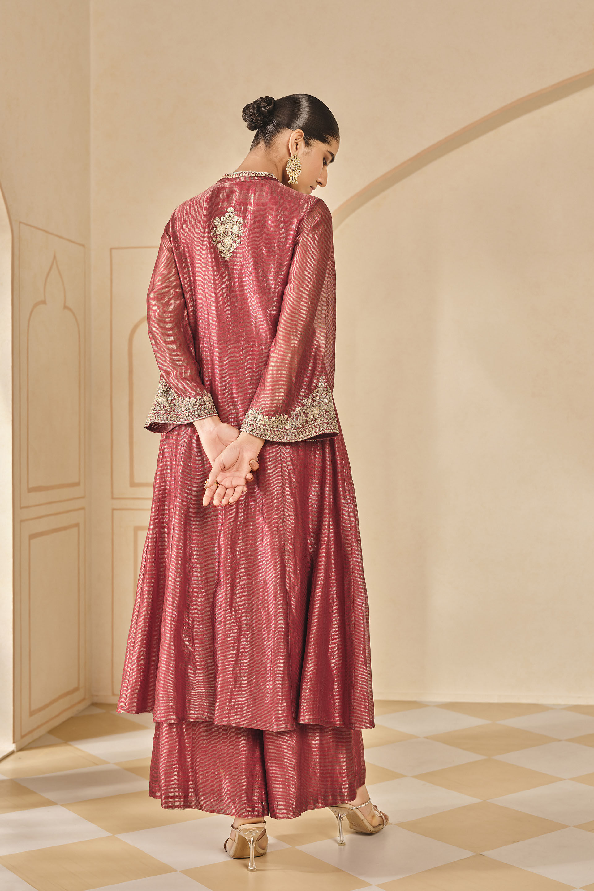 Azha Embroidered Zardozi Silk Jacket Set - Red, Red, image 2