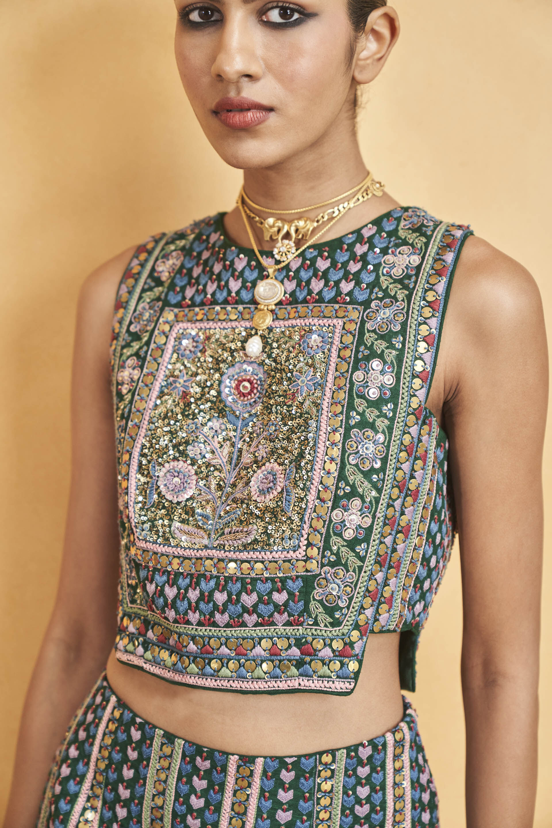 Spirit Of The Wild Zardozi Embroidered Silk Skirt Set - Green, Green, image 5