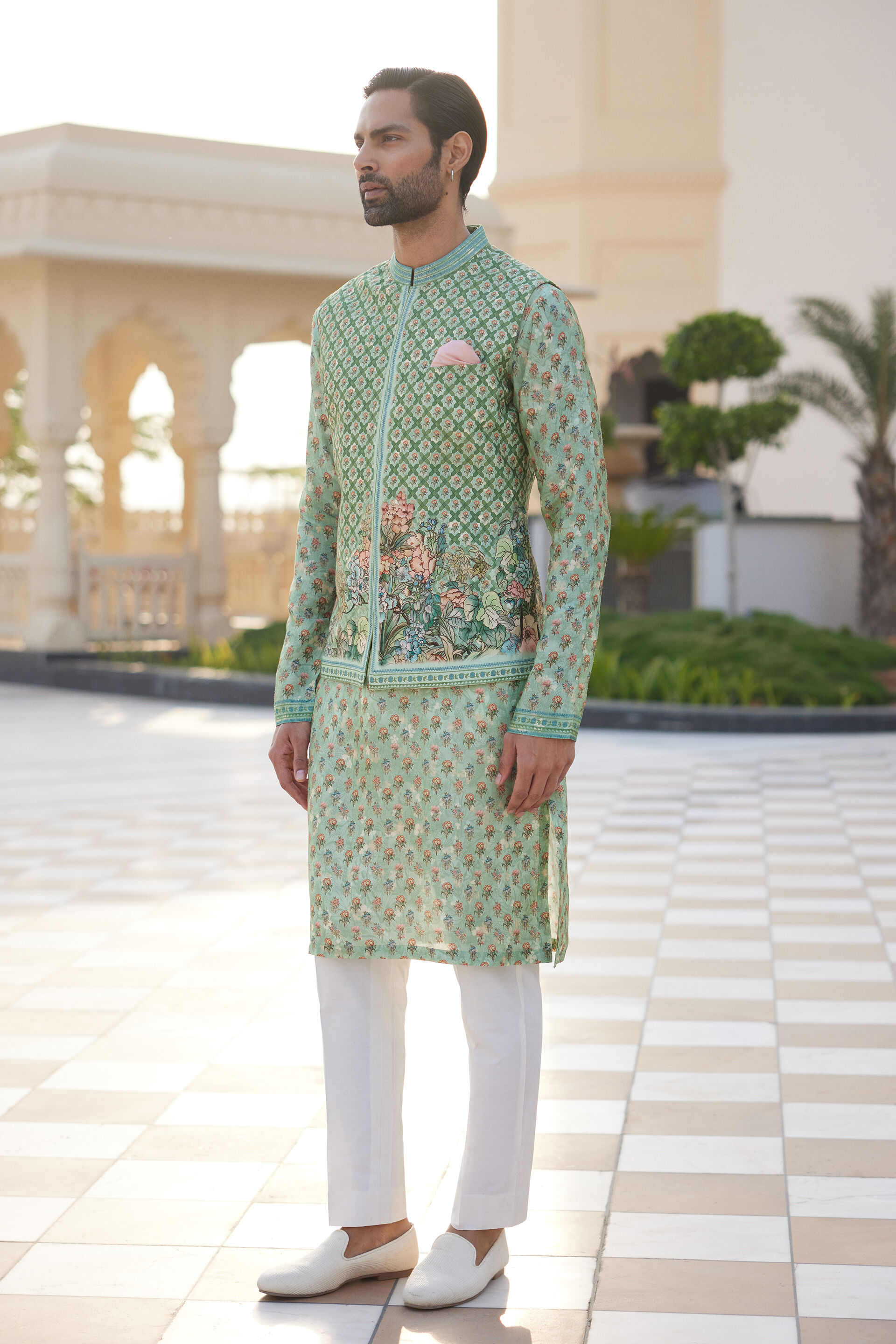 Anbar Silk Nehru Jacket - Sage