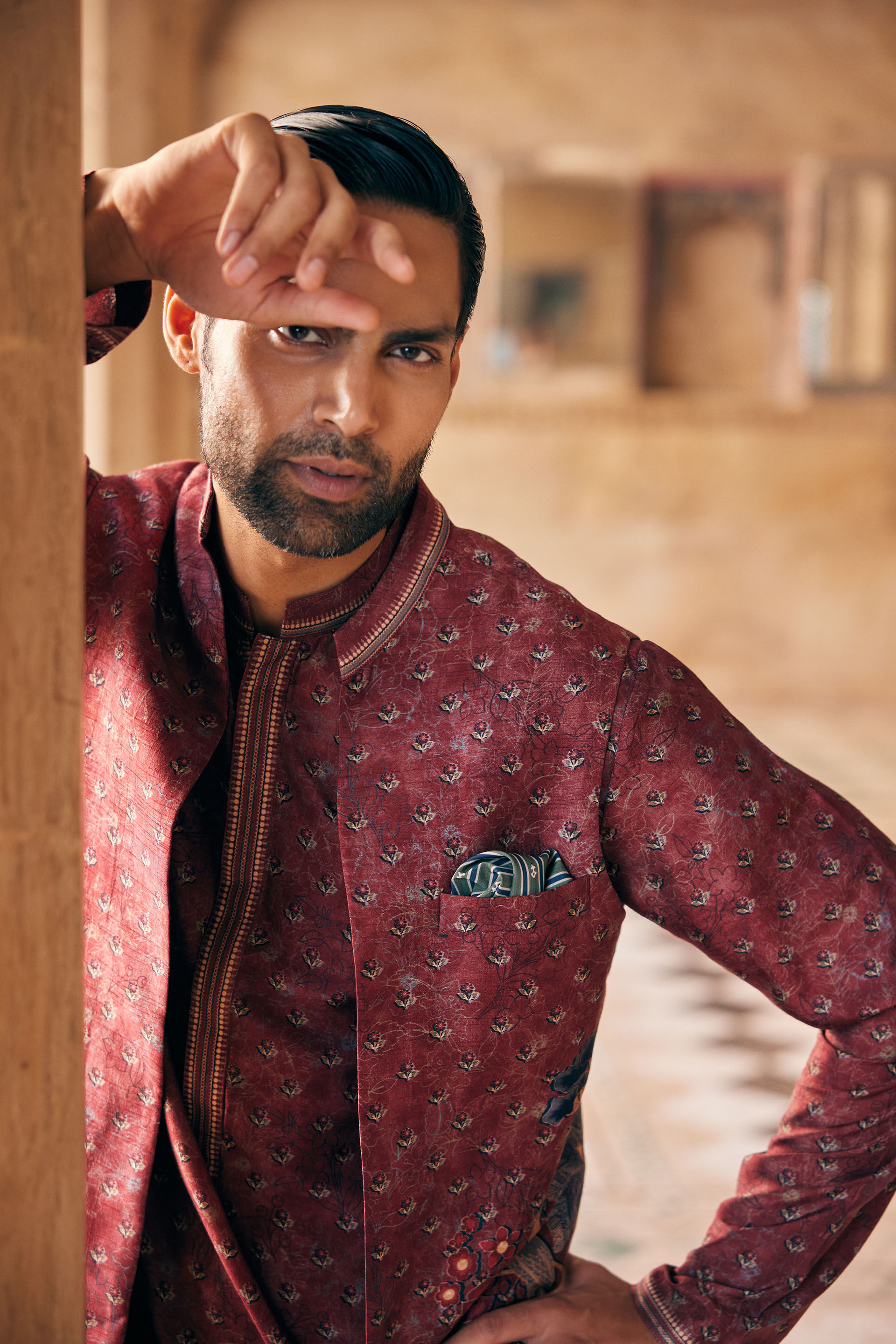 Humair Printed Silk Nehru Jacket - Maroon, Maroon, image 4