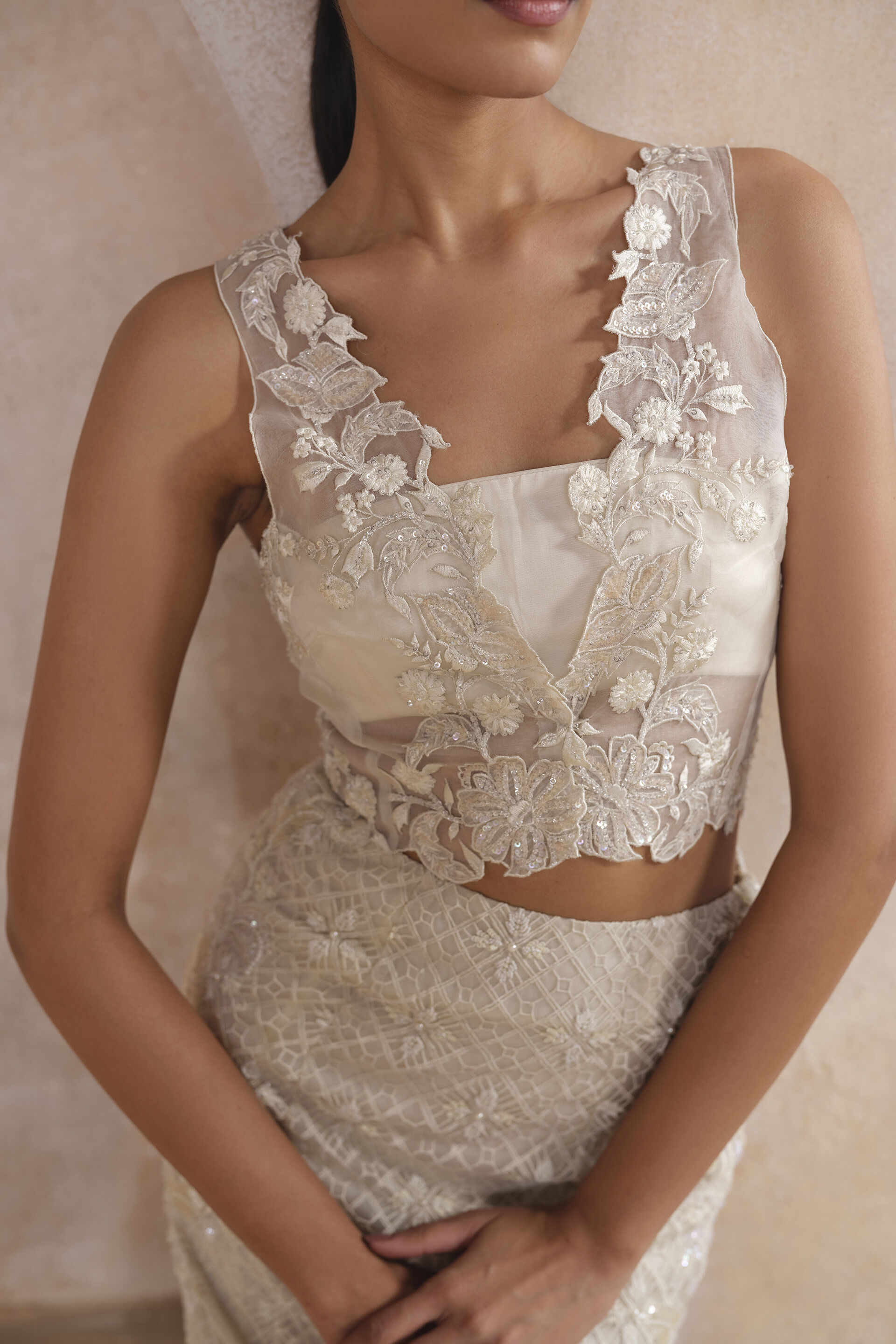 Zimal Embroidered Silk Skirt Set - Ivory, Ivory, image 5
