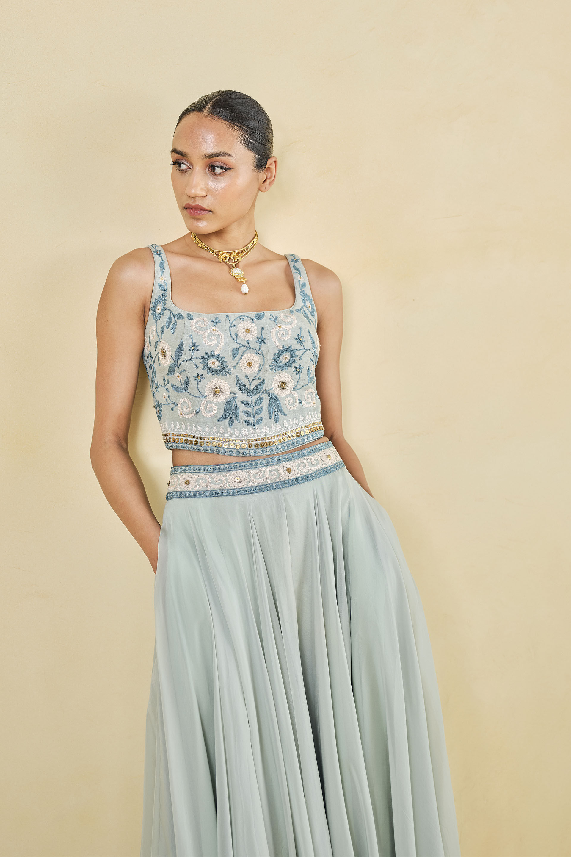 Whisper Of The Woods Embroidered Cord Skirt Set - Sage, Sage, image 4