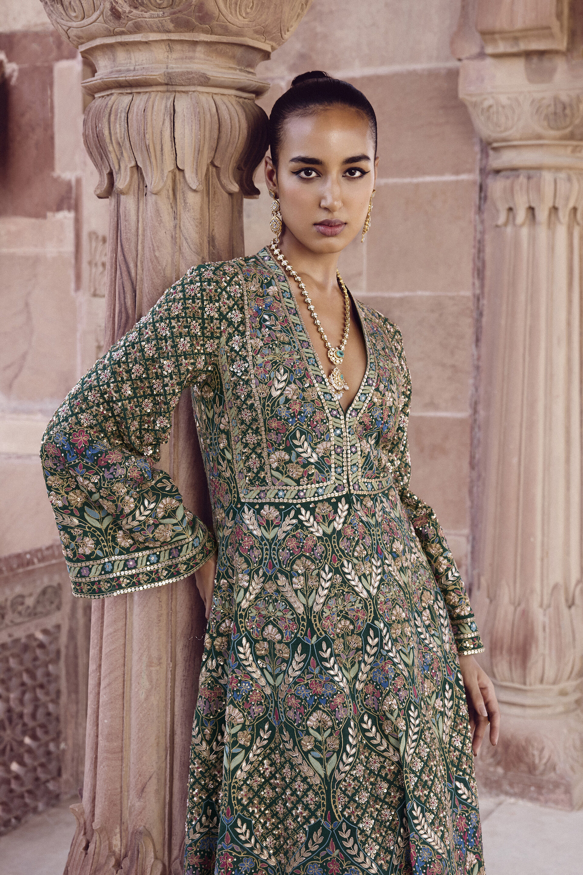 Nemora Embroidered Silk Anarkali Set - Green, Green, image 3