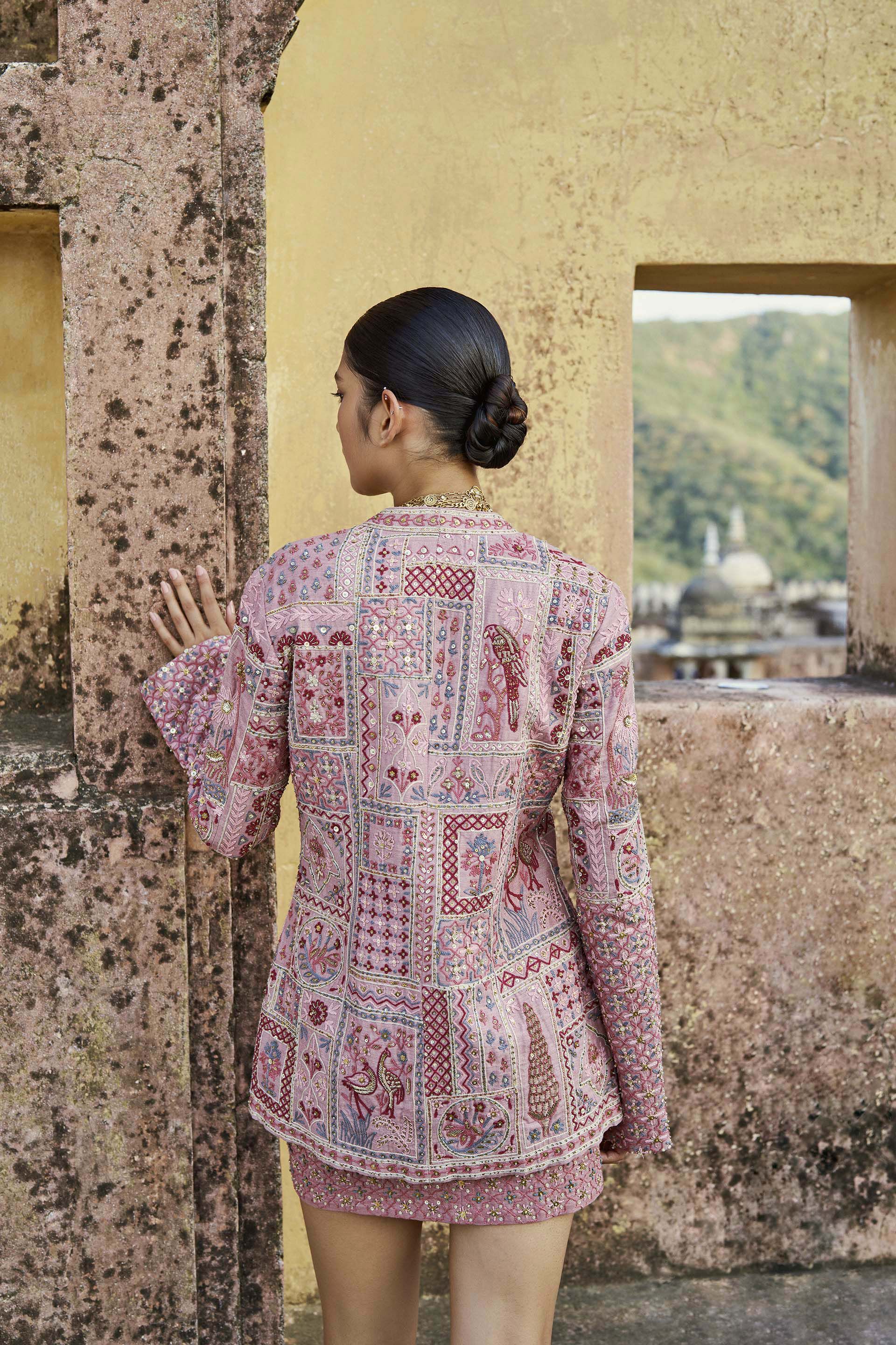 Ballad Of Birds SEWA Hand-embroidered Silk Skirt Set - Old Rose