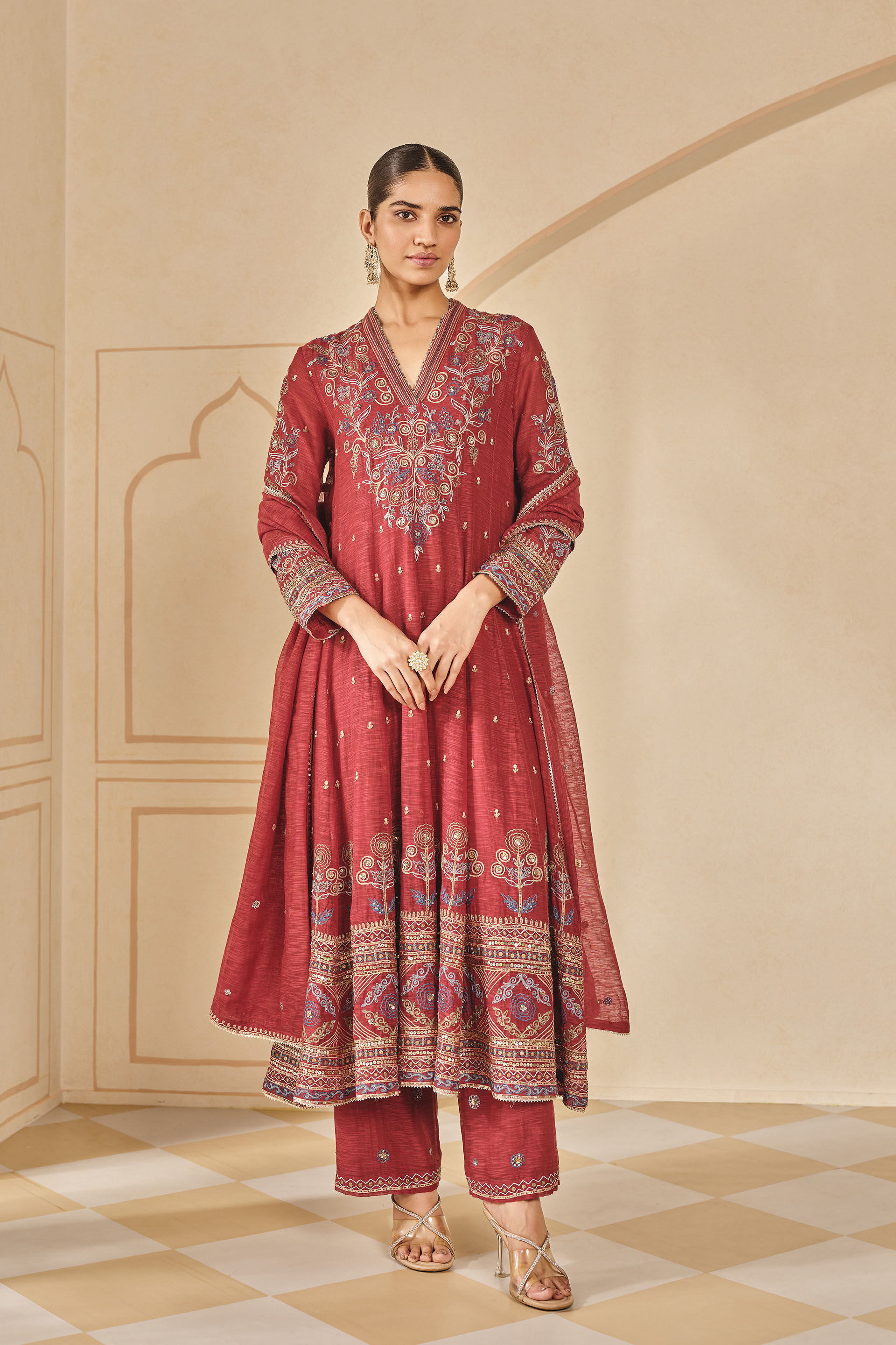 Zunaira Embroidered Mul Anarkali Set - Red, Red, image 1