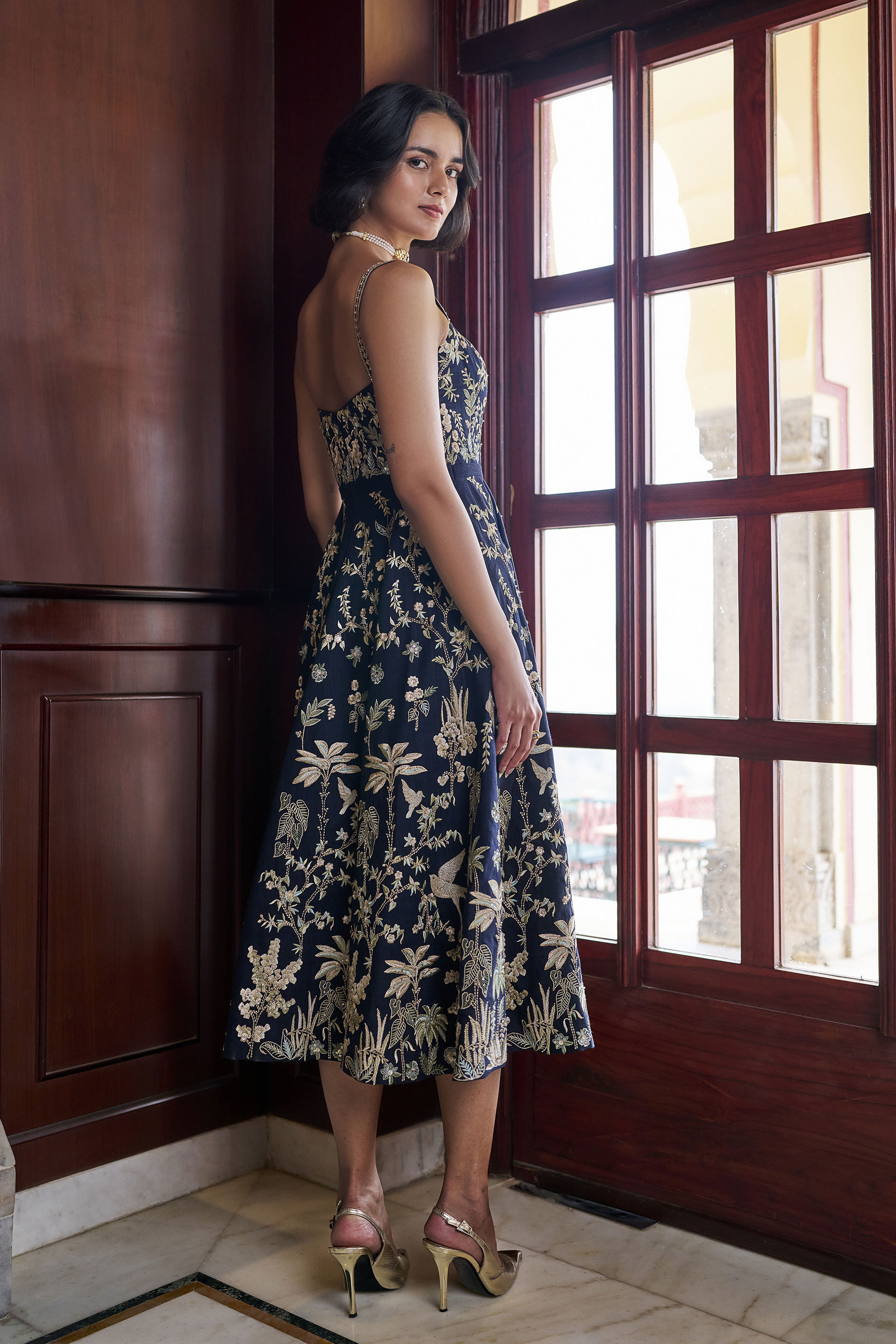 Sonnet Embroidered Zardozi Silk Dress - ​Navy, Blue, image 2