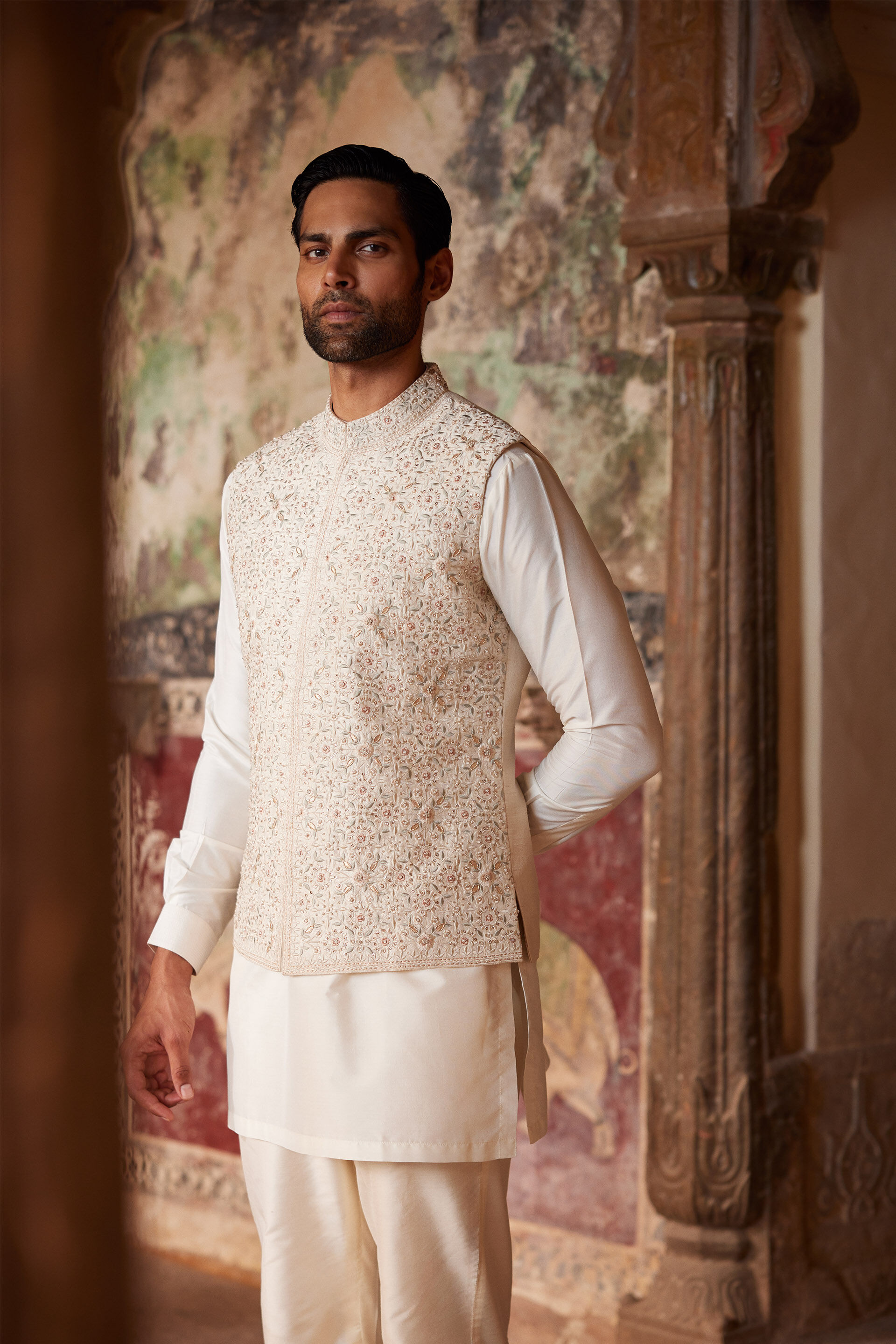 Suwayd Embroidered Silk Nehru Jacket - Ivory, Ivory, image 6