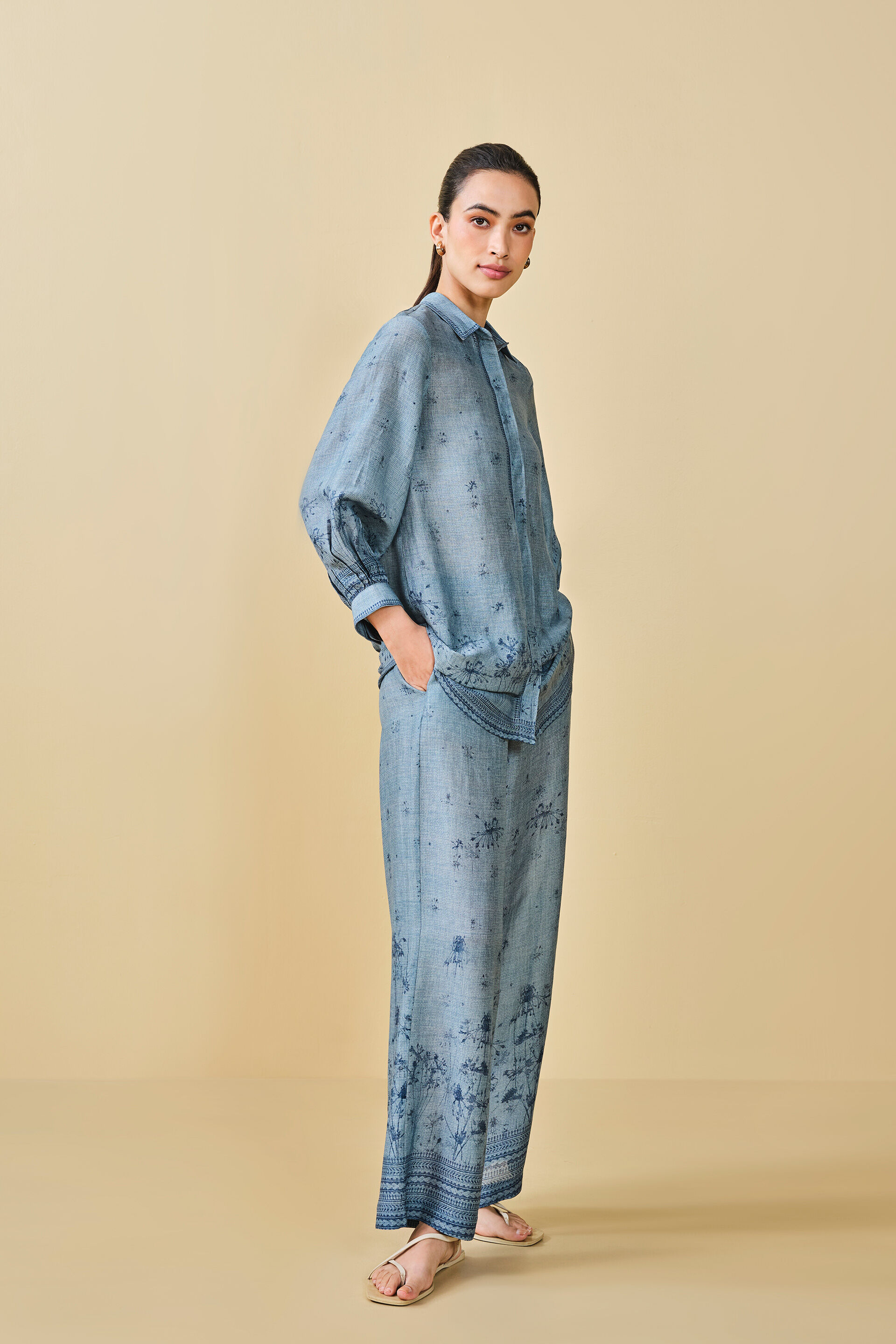Pond Printed Linen Shirt Co-ord - Blue