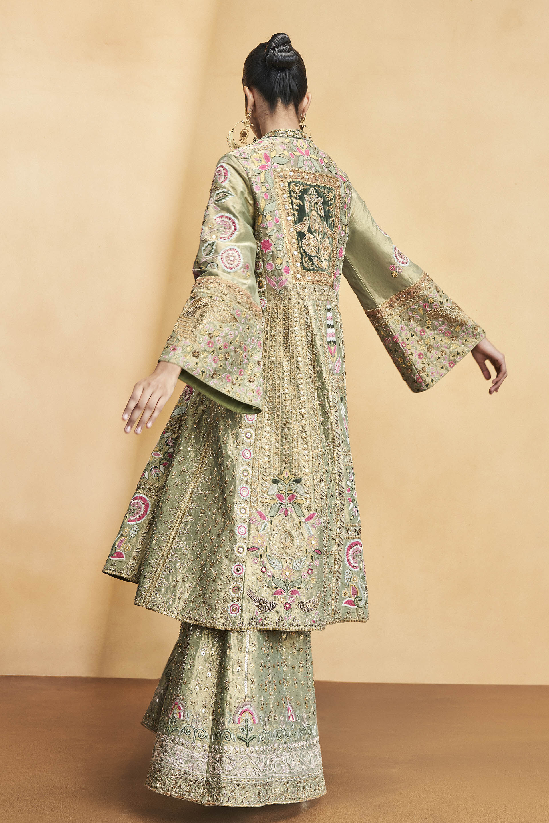 Melody Of The Flowers Embroidered Zardozi Sharara Set - Sage