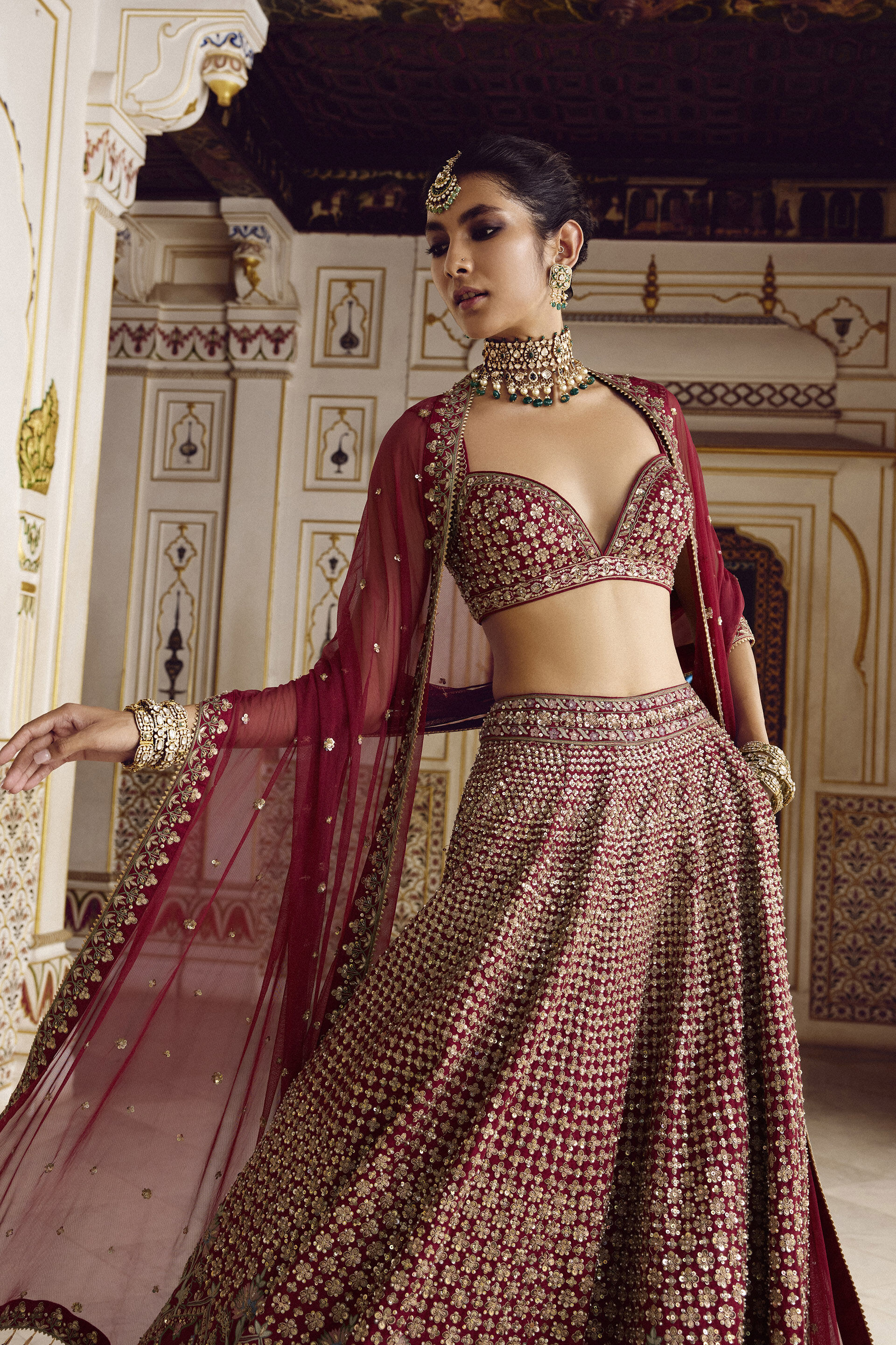 Almika Embroidered Silk Lehenga Set - Ruby, Ruby, image 3