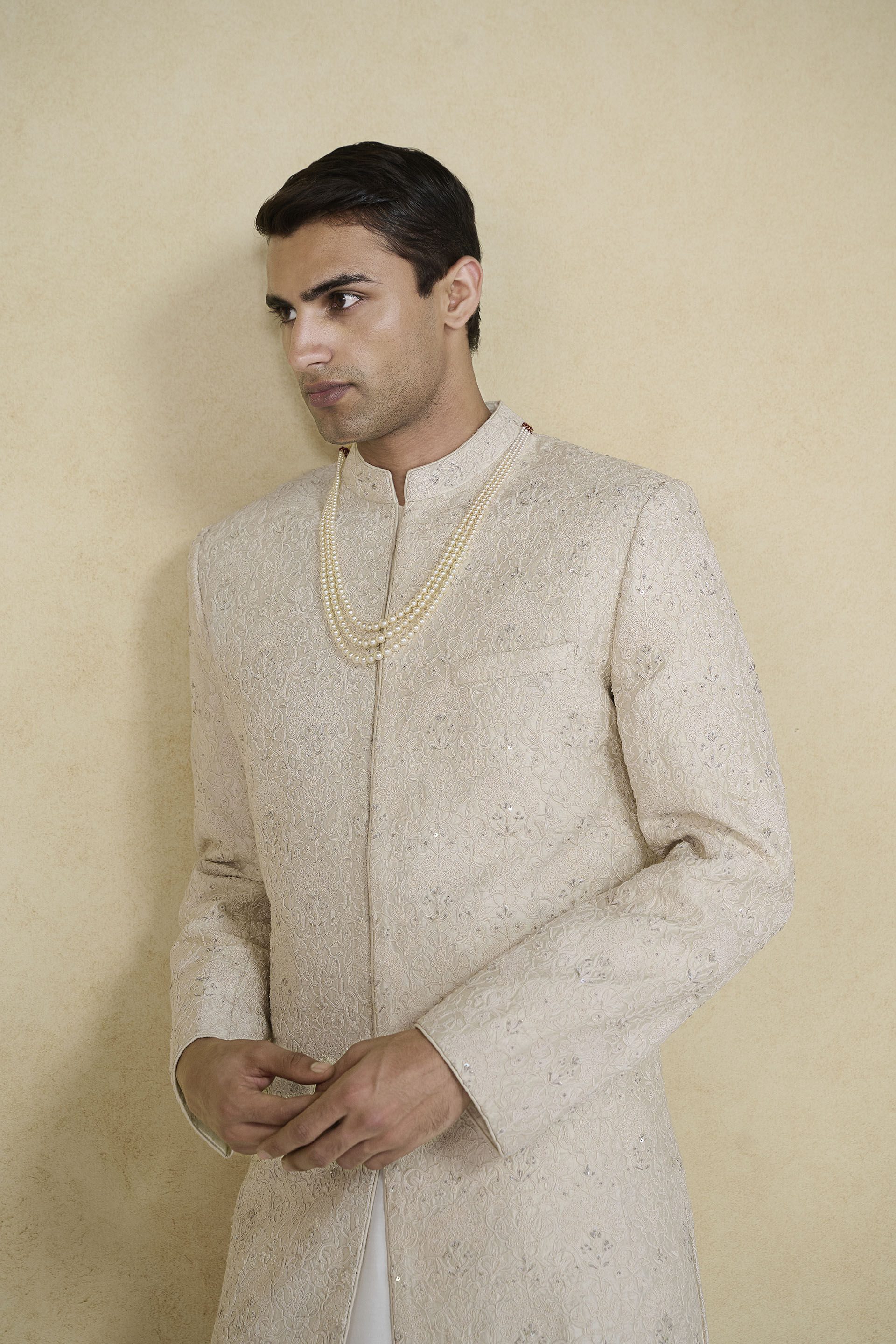 Lokit Hand-embroidered Silk Sherwani - Ivory, Ivory, image 5