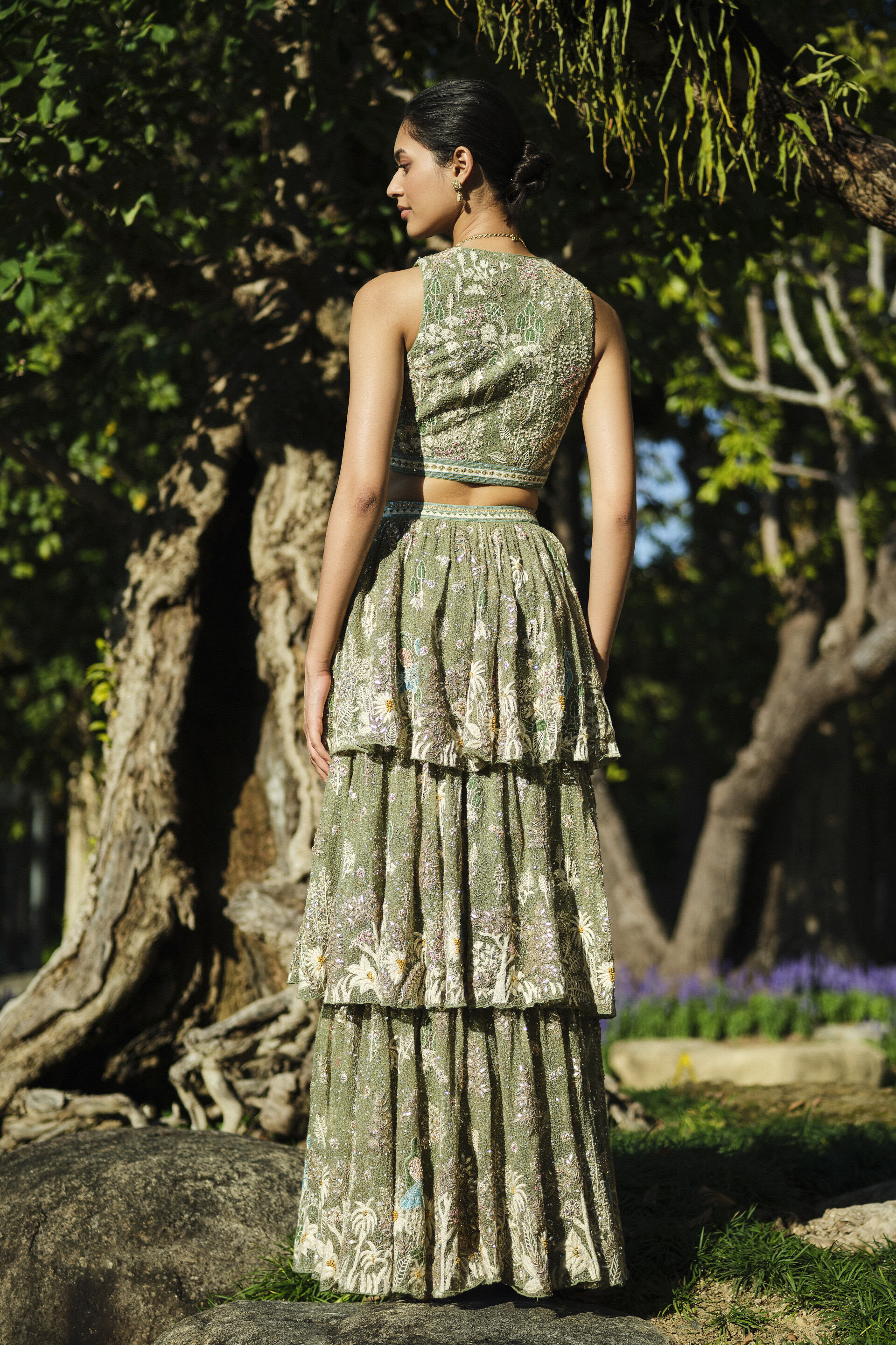 Elodea Embroidered Tiered Skirt Set - Sage