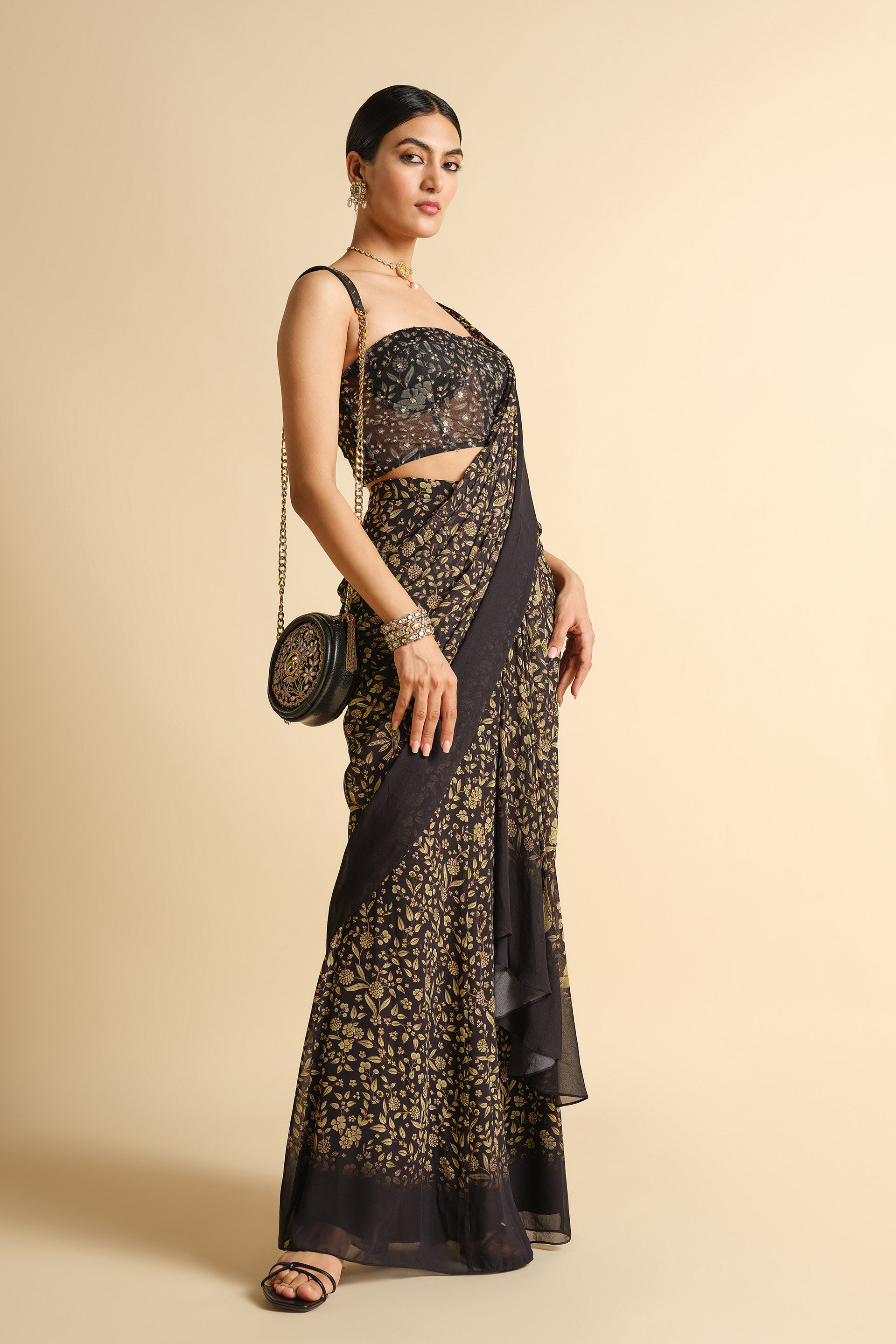 Gwylan Sequin Georgette Pre-stitched Saree - Black, Black, image 3