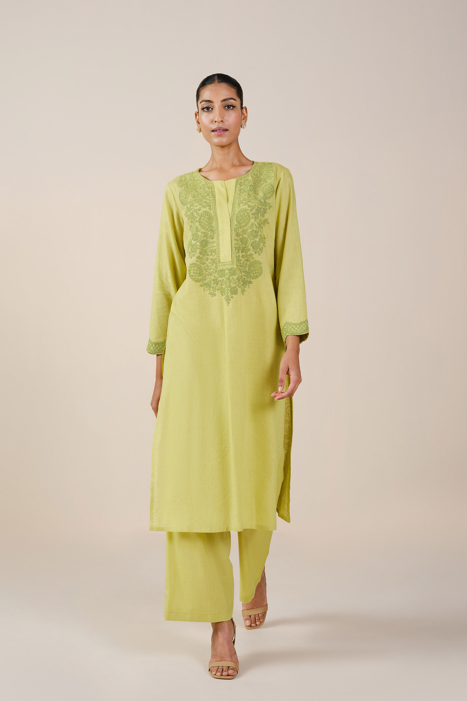 Lauryn Embroidered Linen Kurta Set - Lime