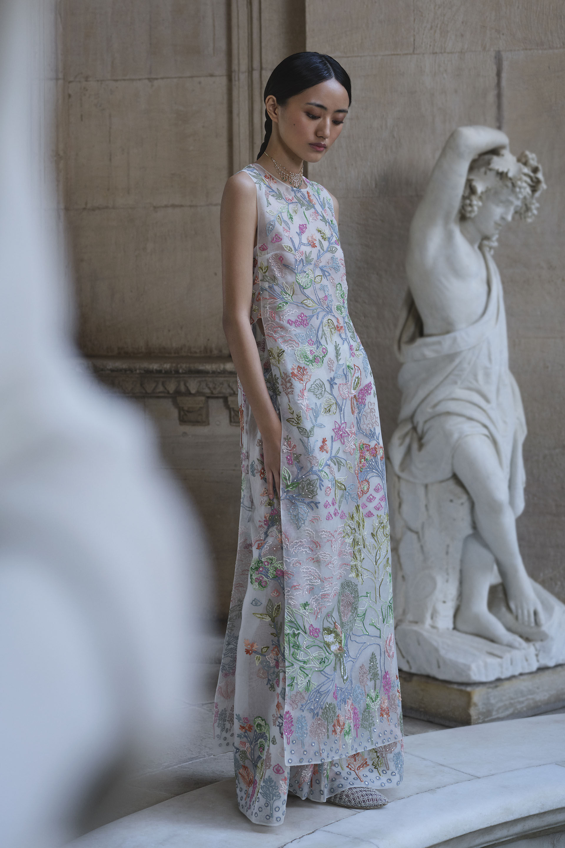 Forestglow Hand-embroidered SEWA Silk Tabard Set - Ivory