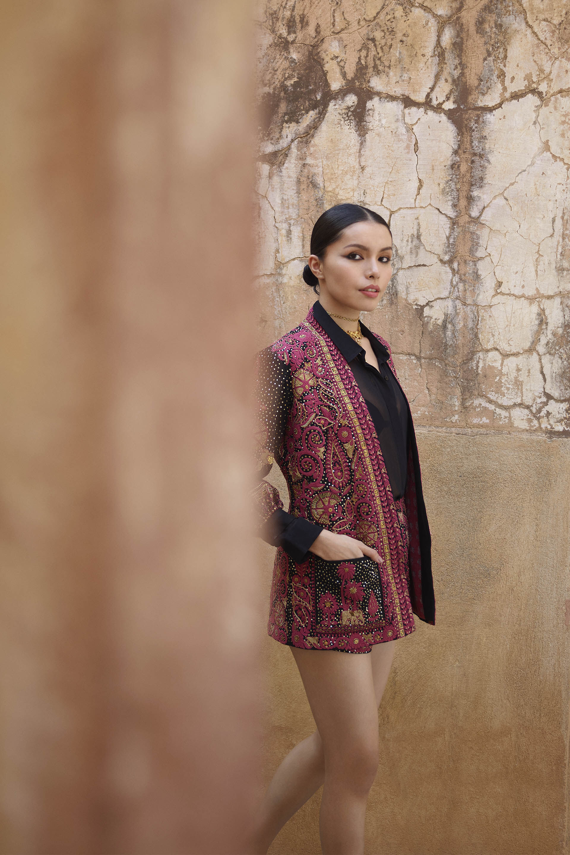 Nocturnal Wilderness Zardozi & Embroidered Cord Silk Jacket Set - Black, Black, image 4