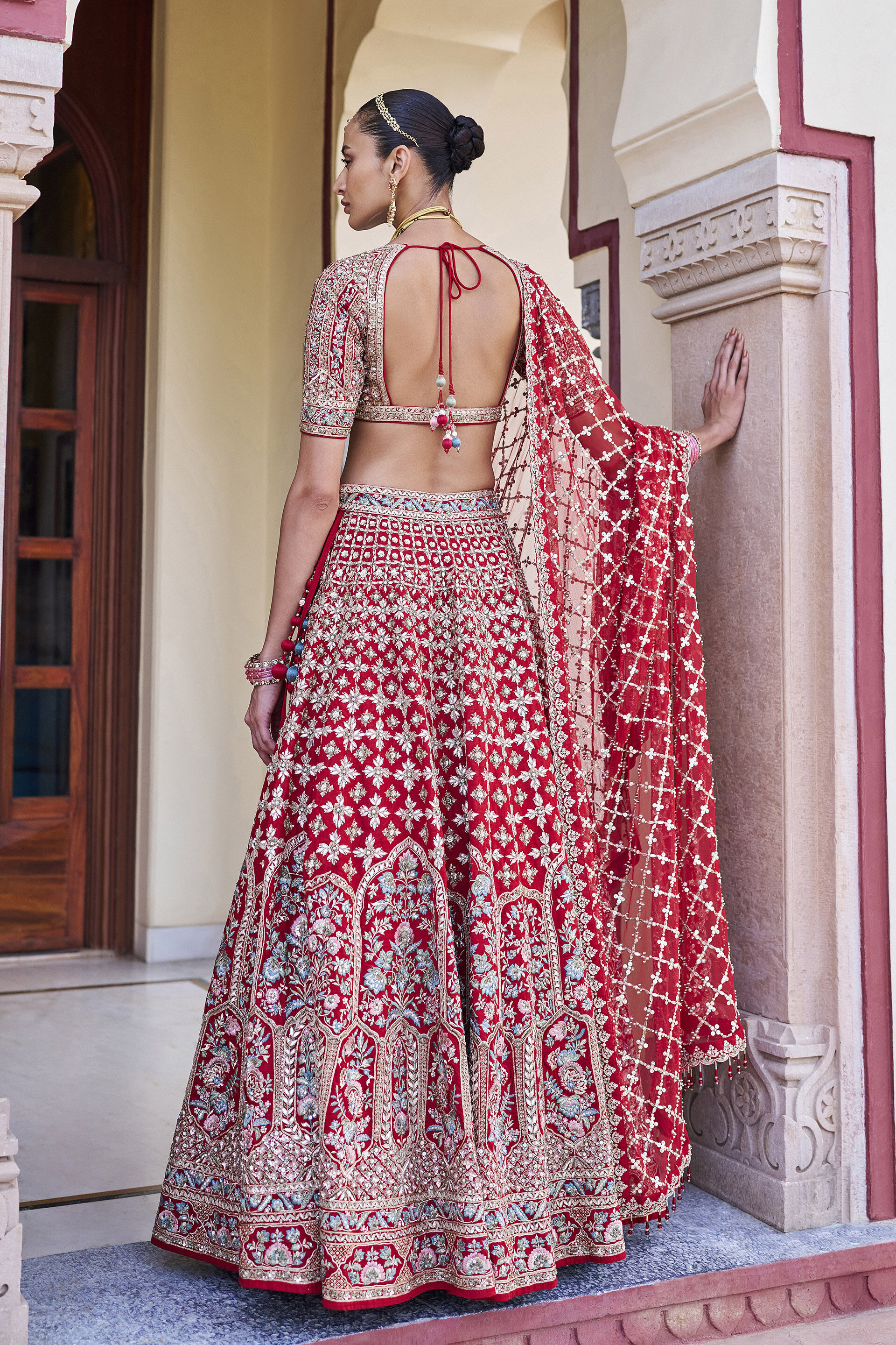 Desire Embroidered Zardozi Silk Lehenga Set - ​Red, Red, image 2