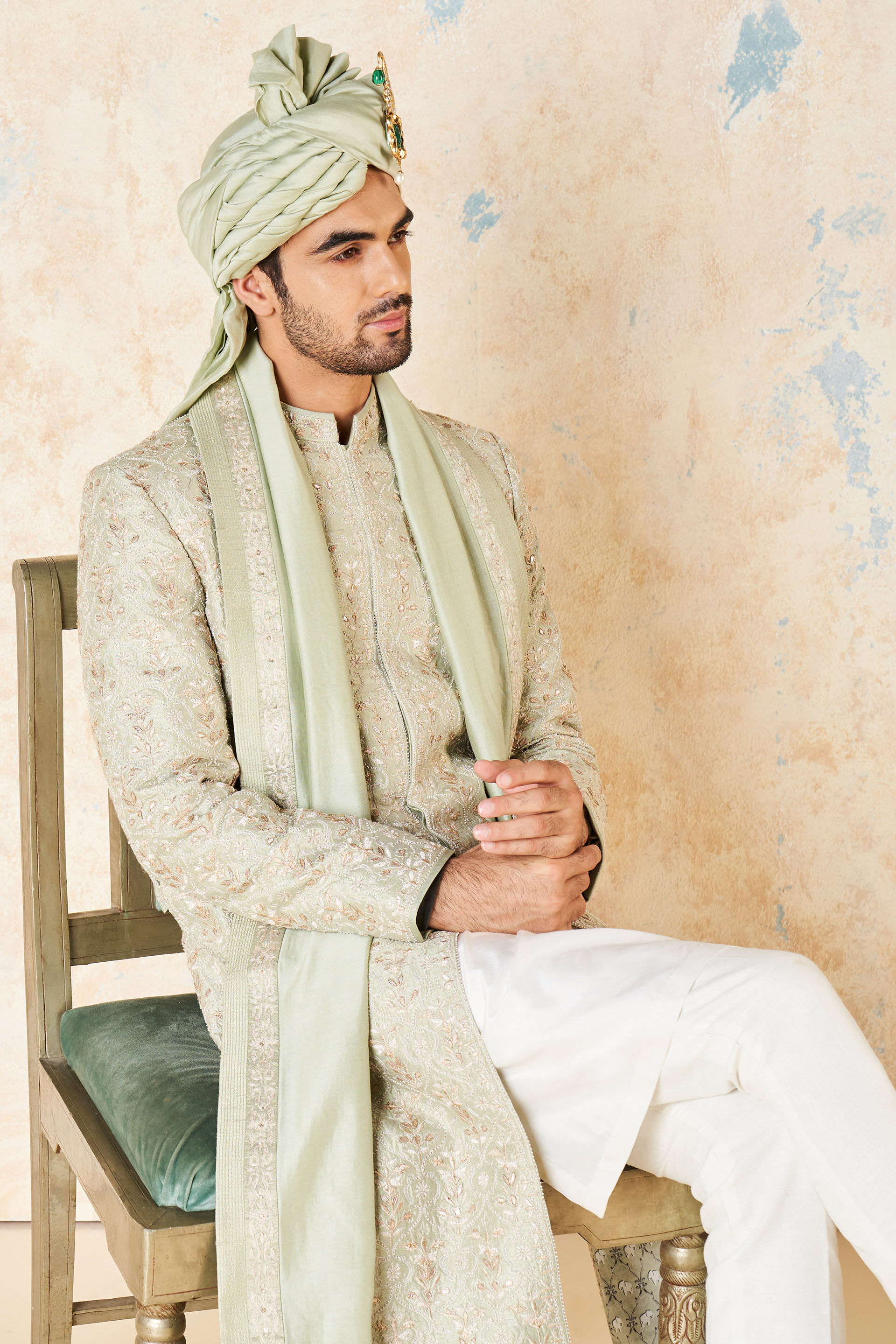 Devarsh Gota Patti & Aari Silk Sherwani - Sage, Sage, image 3