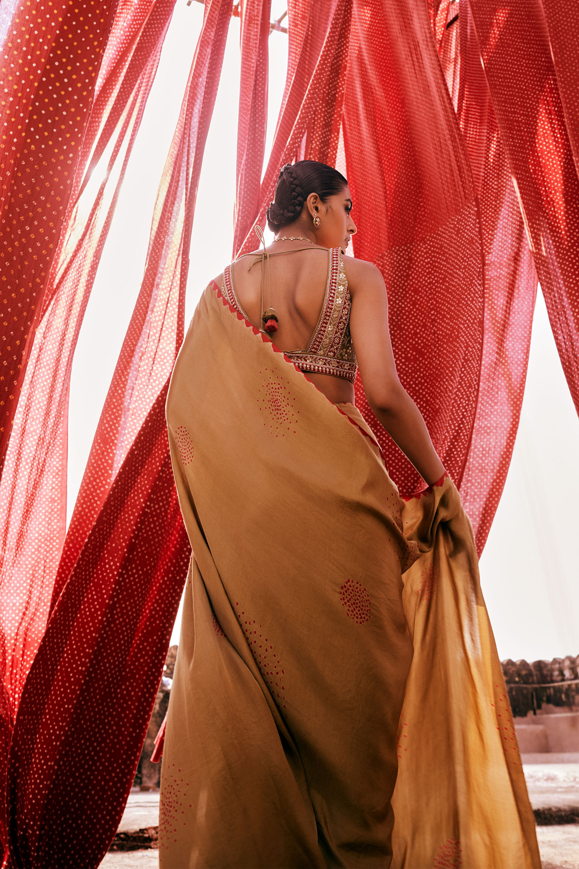 Maywa Handcrafted Bandhani Silk Pre-draped Saree - Olive