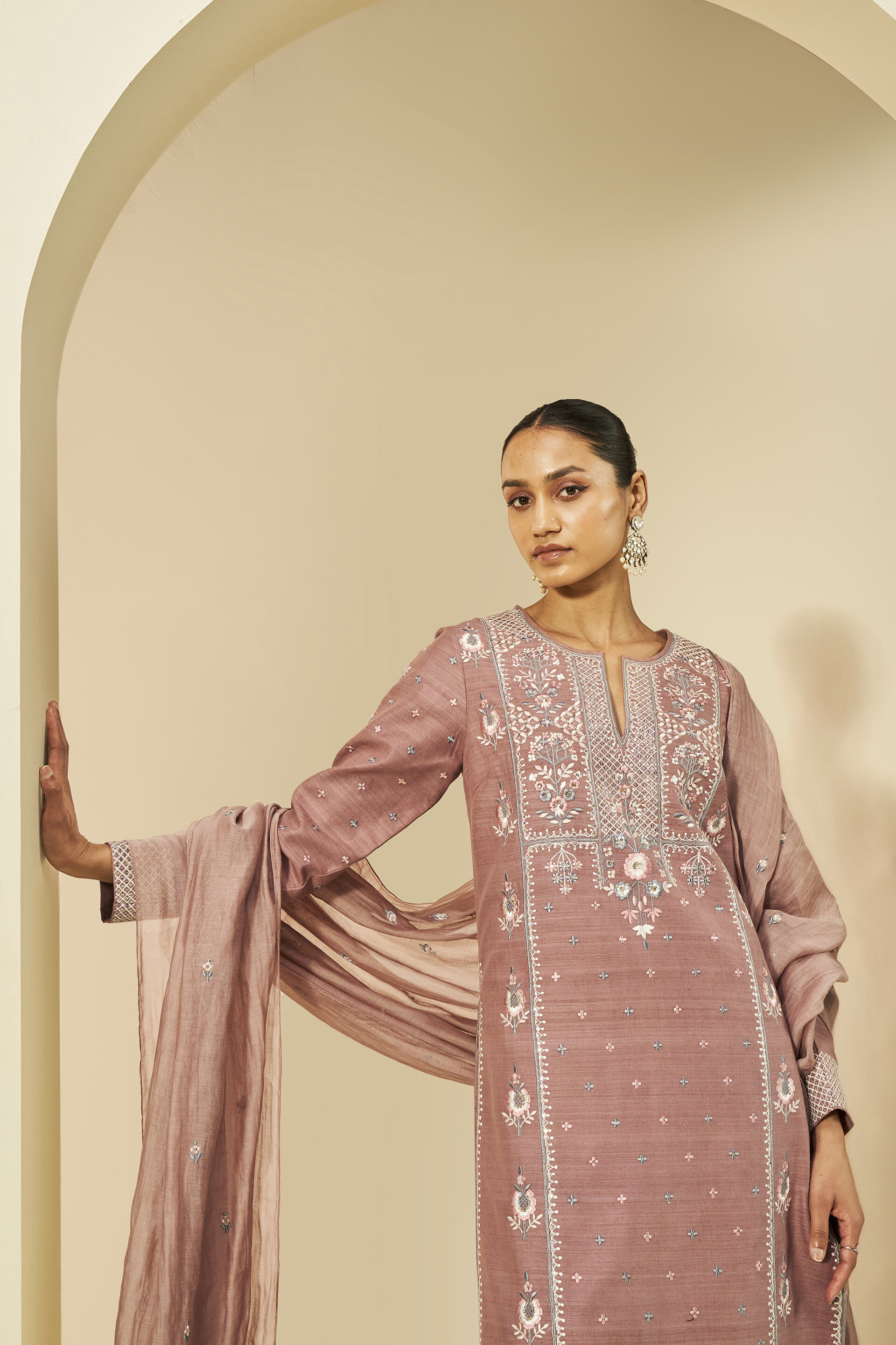 Roseline Embroidered Silk Suit Set, Old Rose, image 4