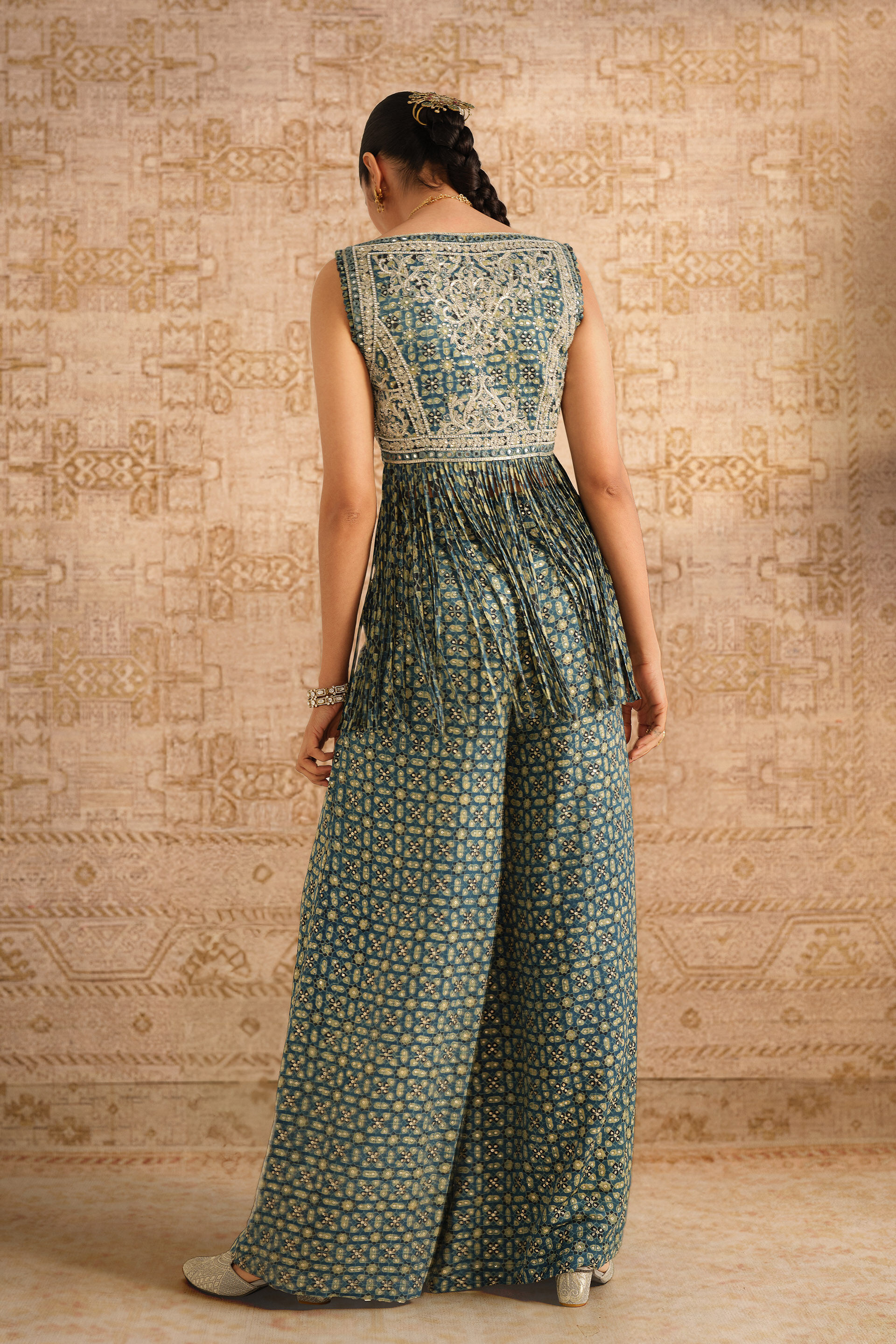 Isana Ajrakh Hand-block Printed Fringe Silk Palazzo Set - Blue