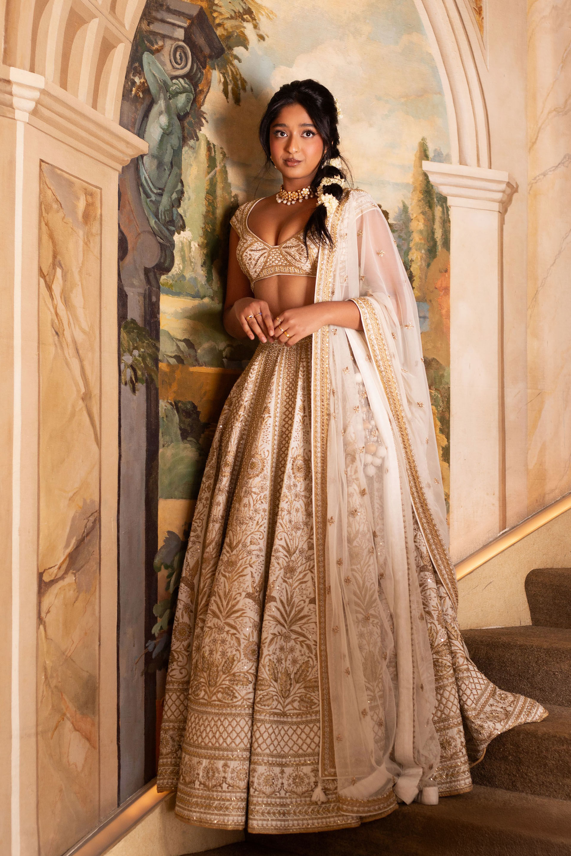 Mahroo Zardozi Embroidered Silk Lehenga Set - White, , image 1