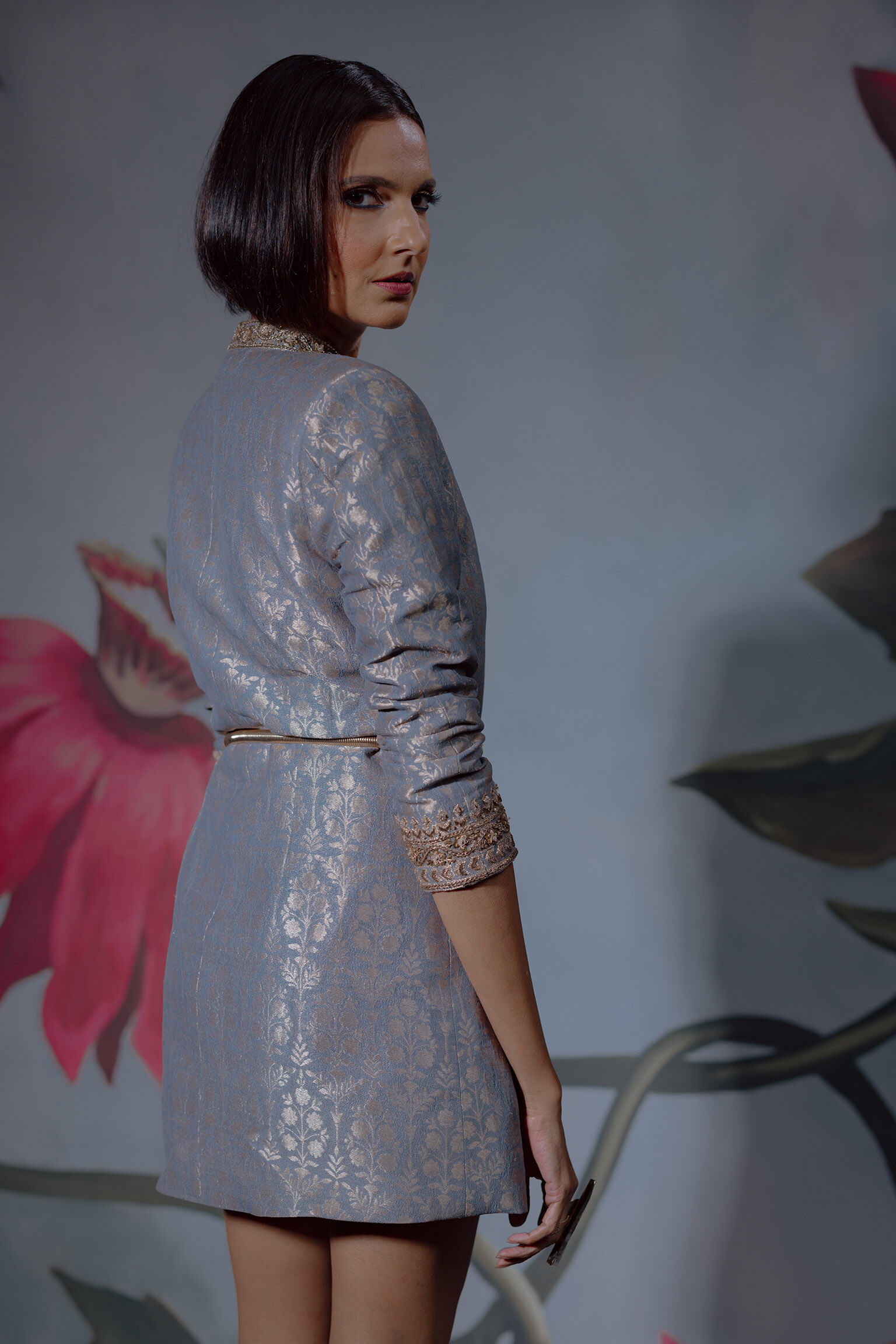 Forest Symphony Benarasi Silk Dress - Grey, , image 4