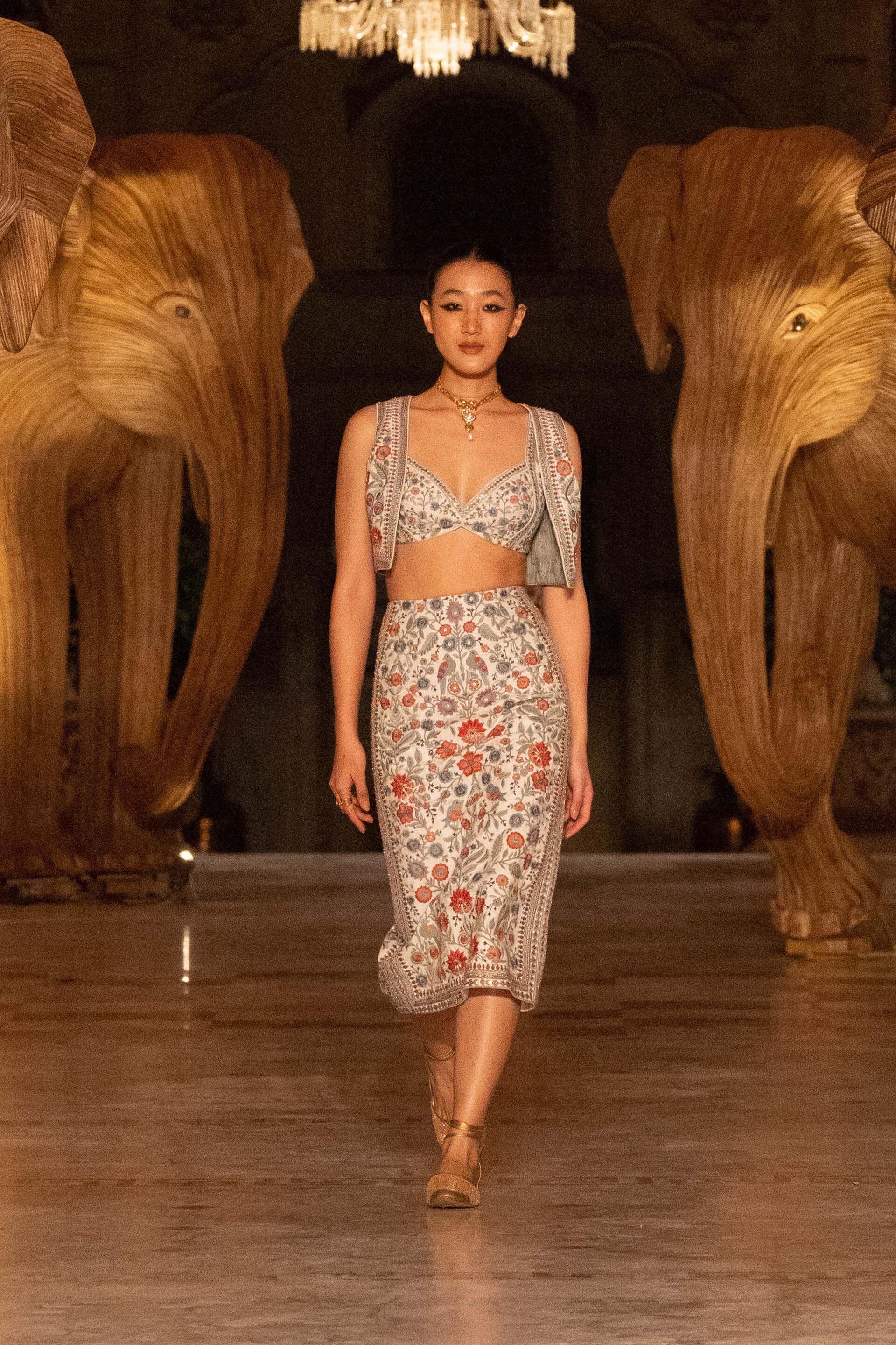 Galaxy Of Flowers Embroidered Silk Skirt Set - Cream, Cream, image 4