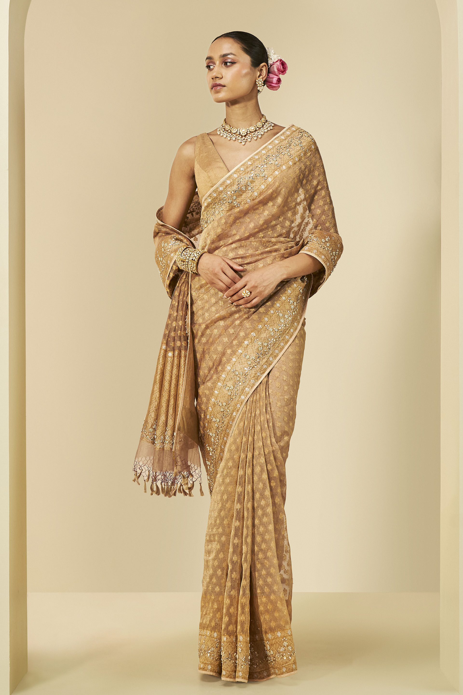 Sunehra Benarasi Silk Gota Patti Saree, Gold, image 1