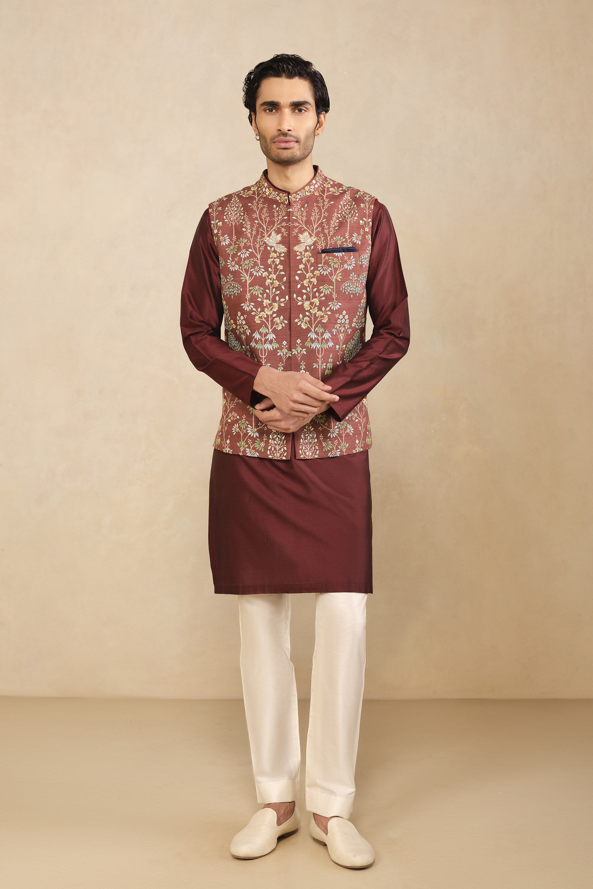 Aziz Hand-painted Pichhwai Silk Nehru Jacket - Brown