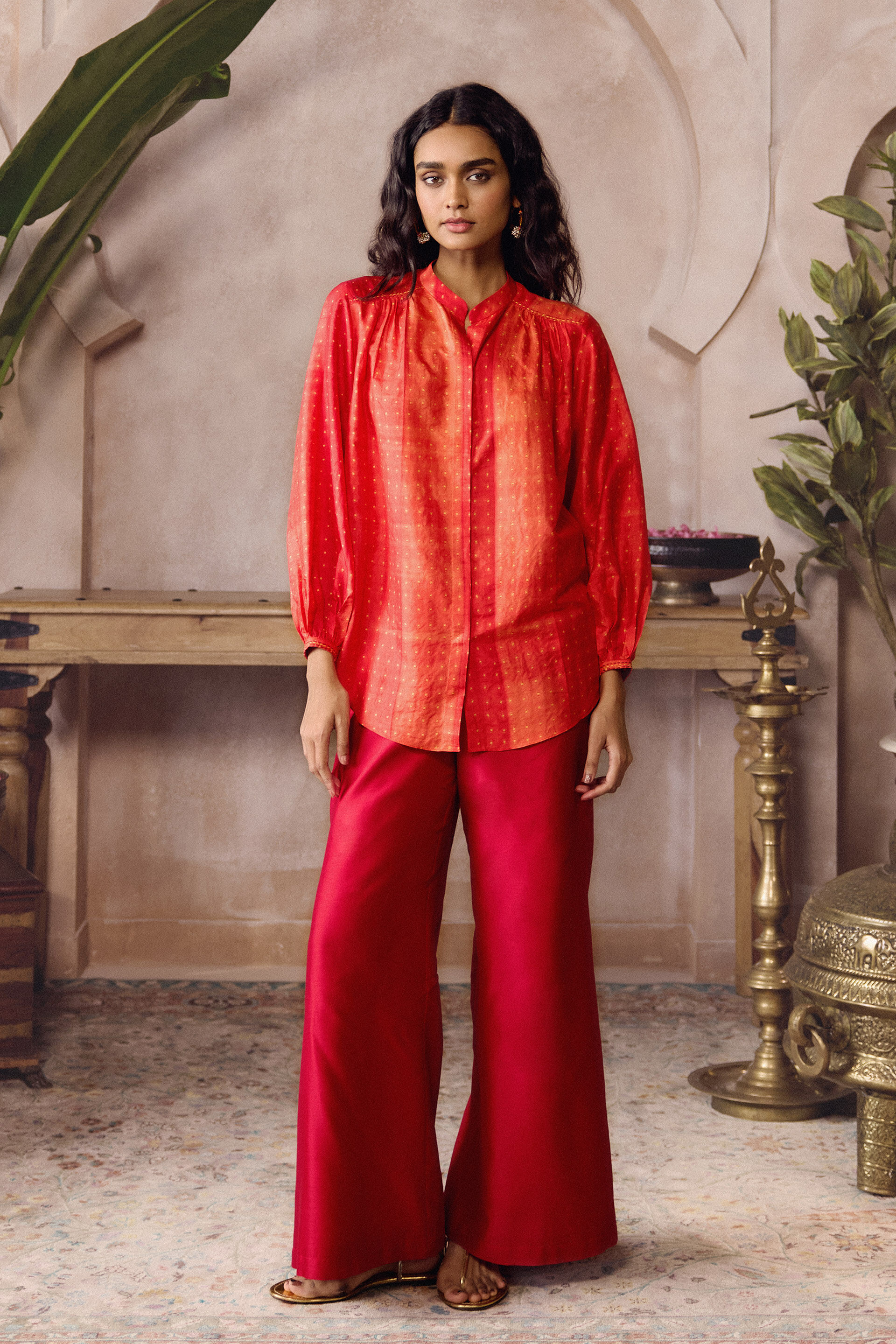 Cephas Handcrafted Shibori Silk Top - Red