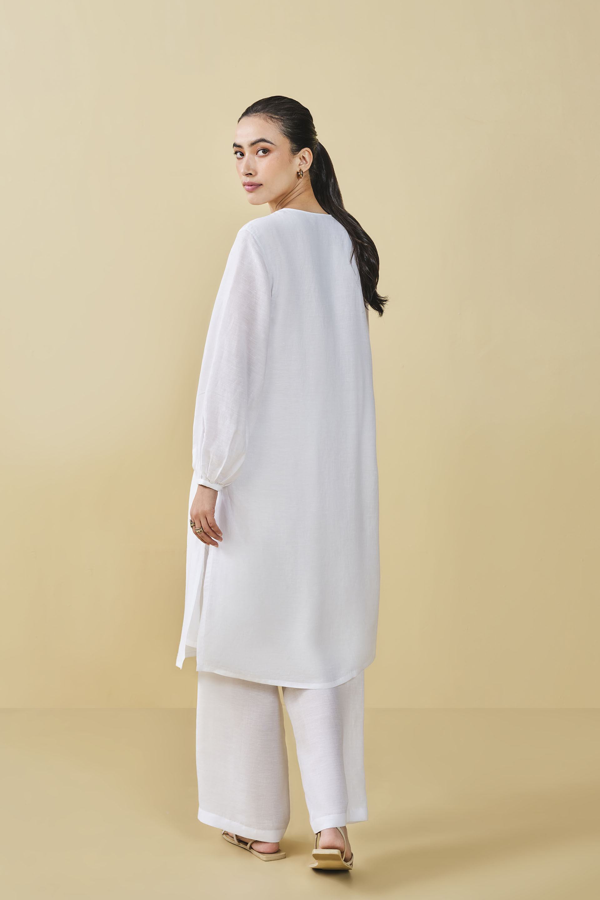 Cloud Sky Hand-embroidered Chikankari Linen Co-ord - White