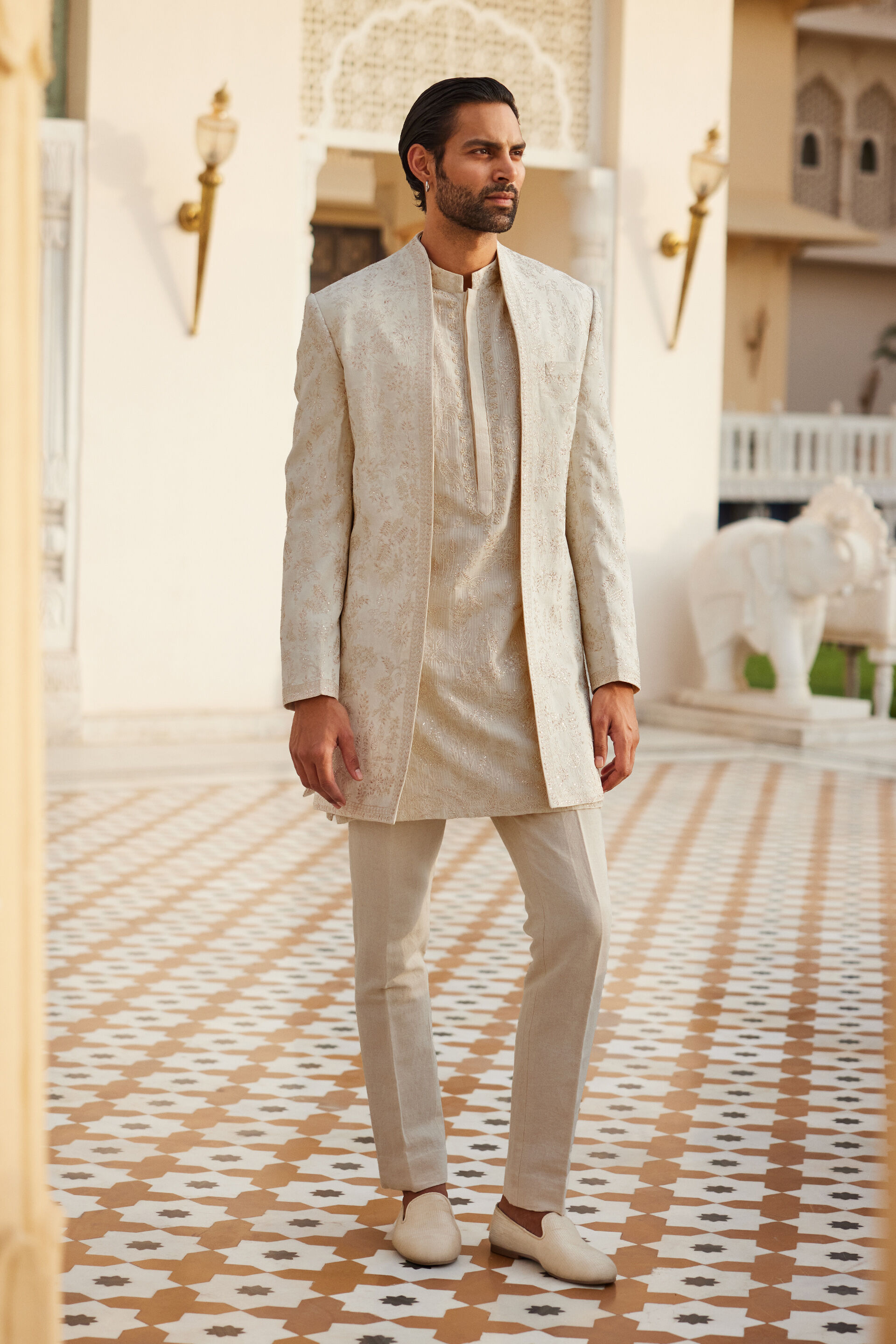 Areez Embroidered Silk Sherwani - Off White