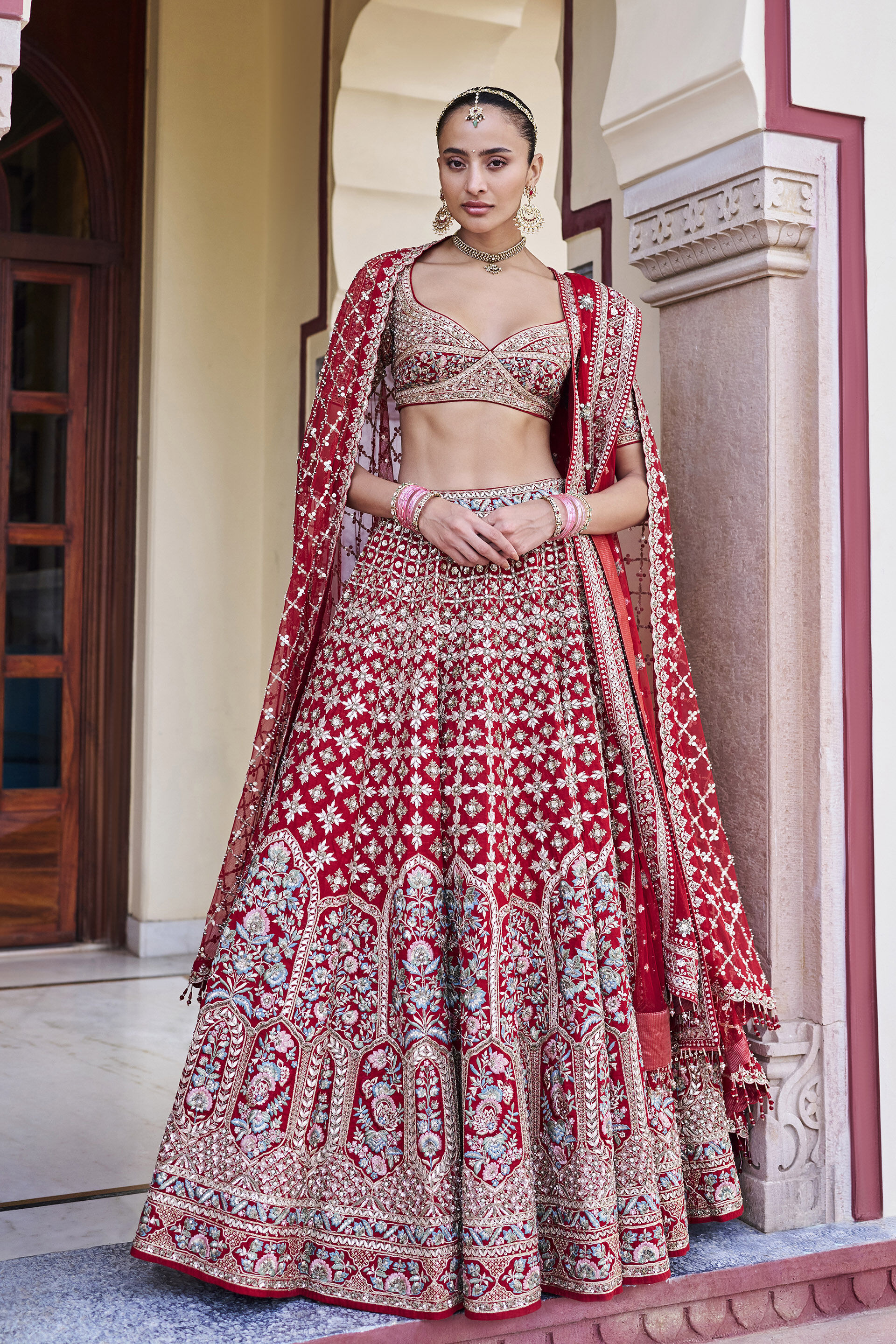 Desire Embroidered Zardozi Silk Lehenga Set - ​Red, Red, image 1