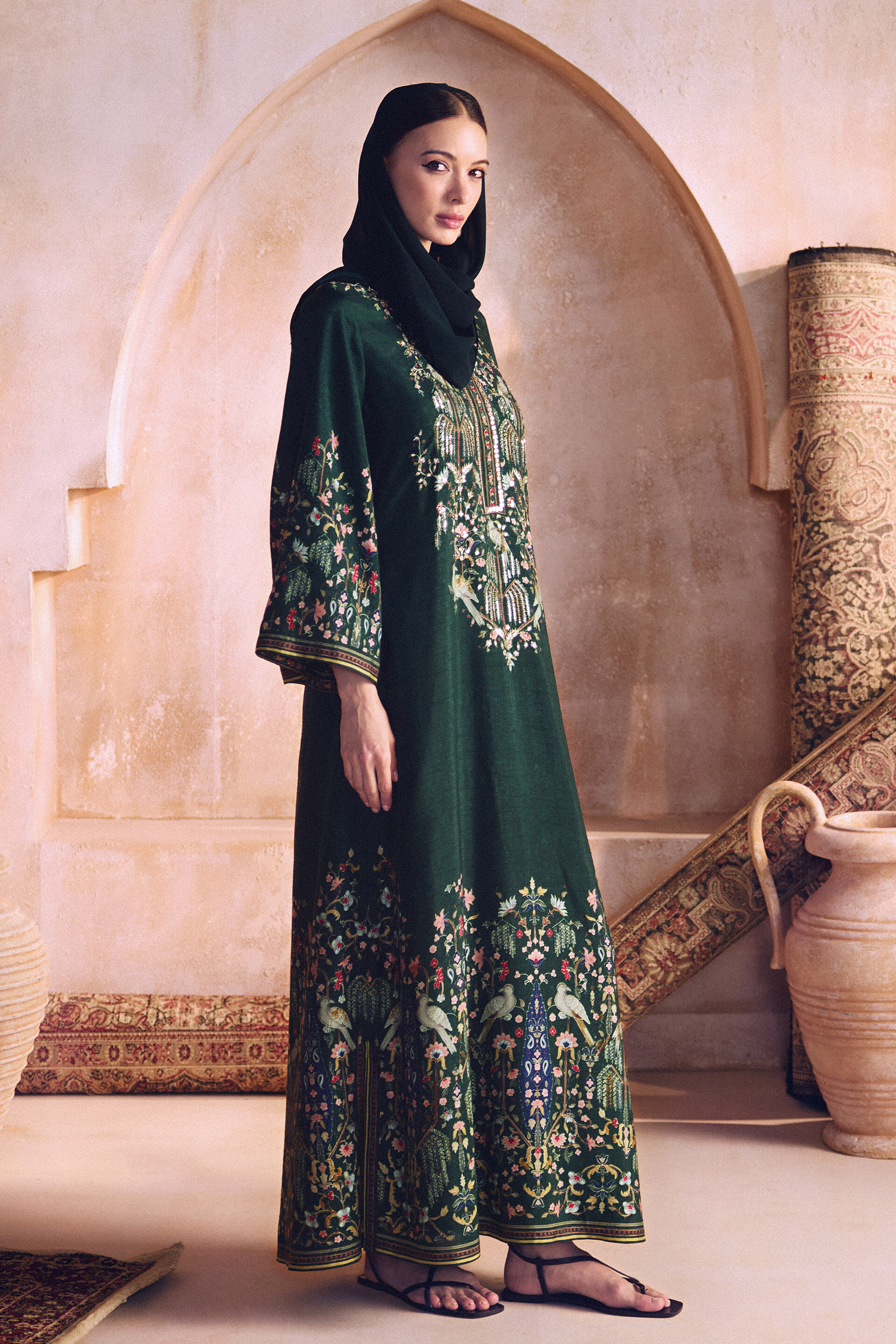 Nooraya Silk Kaftan - Green, Green, image 3