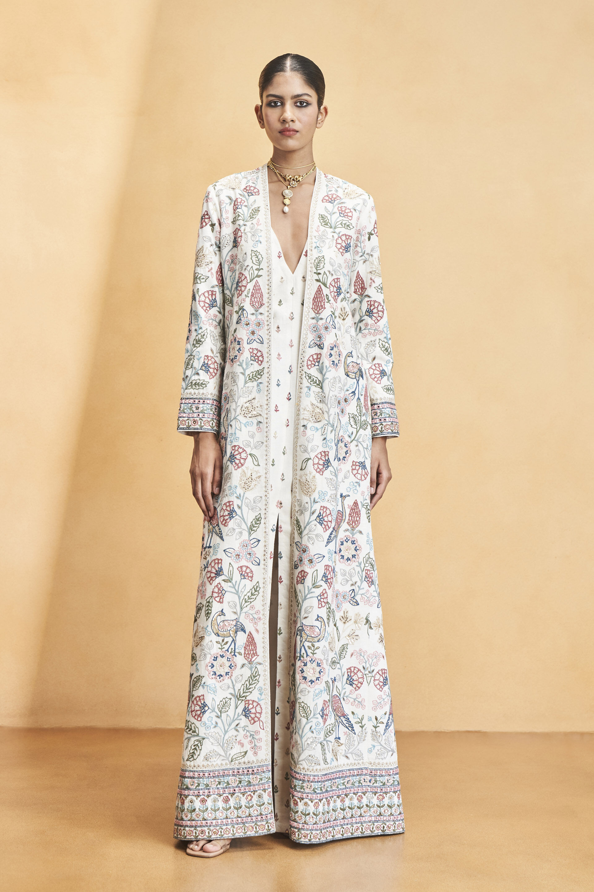 Paradise Of Flowers SEWA Hand-embroidered Silk Overlayer Set - Cream