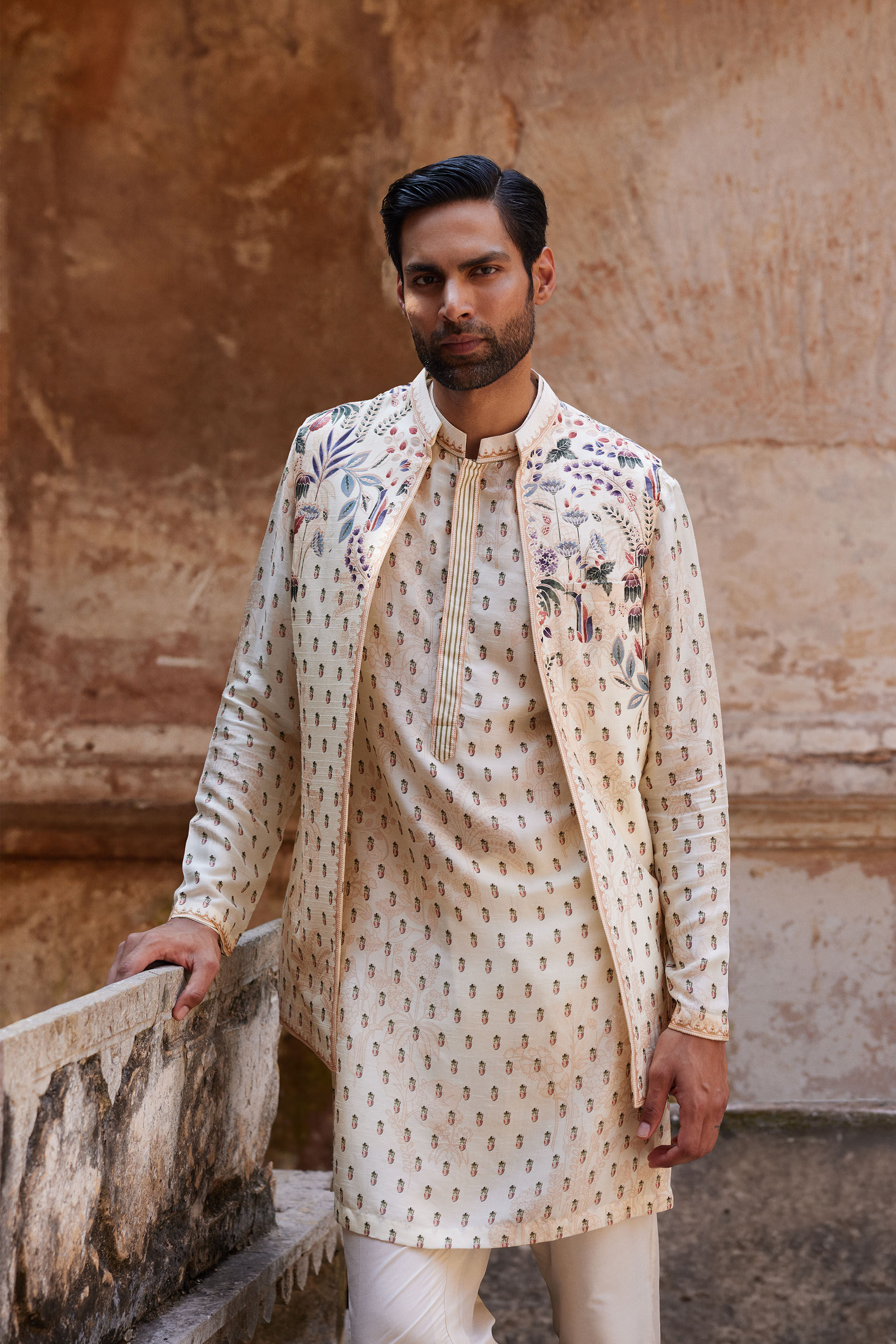 Kalhar Printed Silk Nehru Jacket - Ivory, Ivory, image 3
