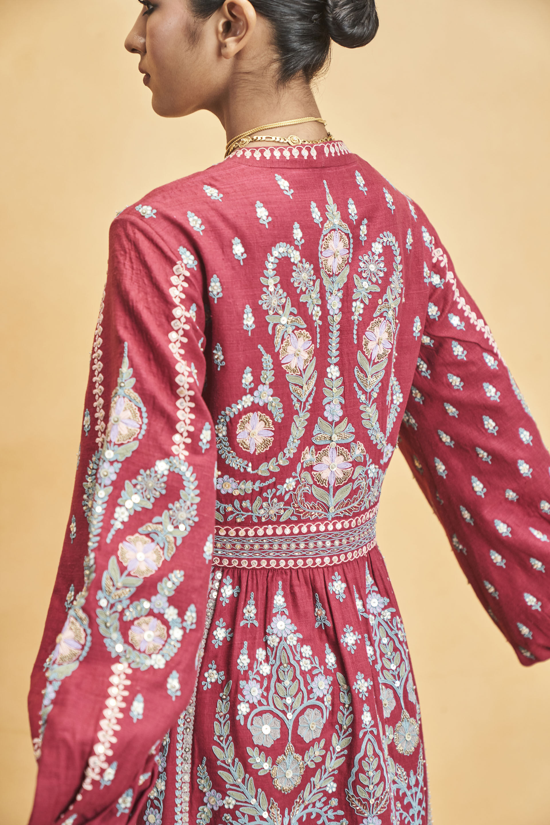 Into The Wilderness Zardozi & Cord Silk Kurta Set - Wine, Wine, image 6