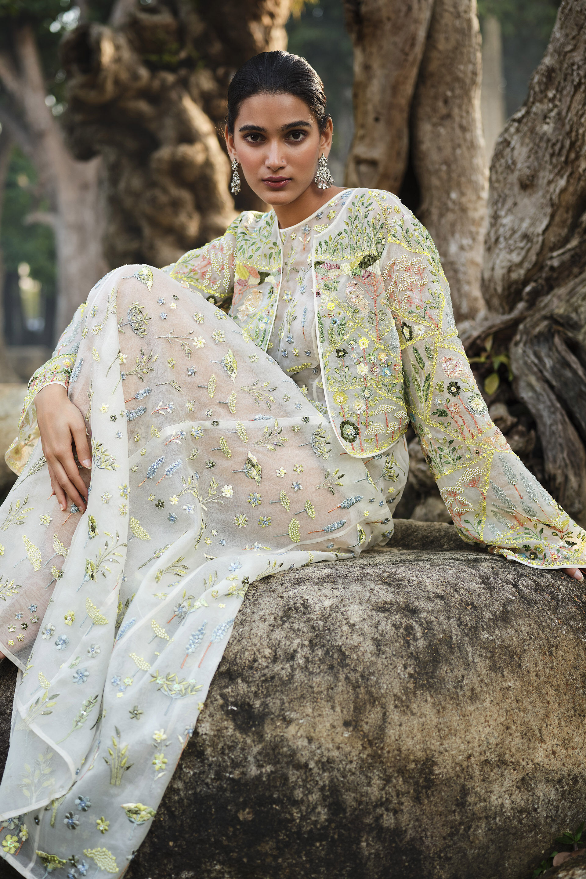 Faunus Embroidered Silk Jacket Set - Ivory, Ivory, image 3