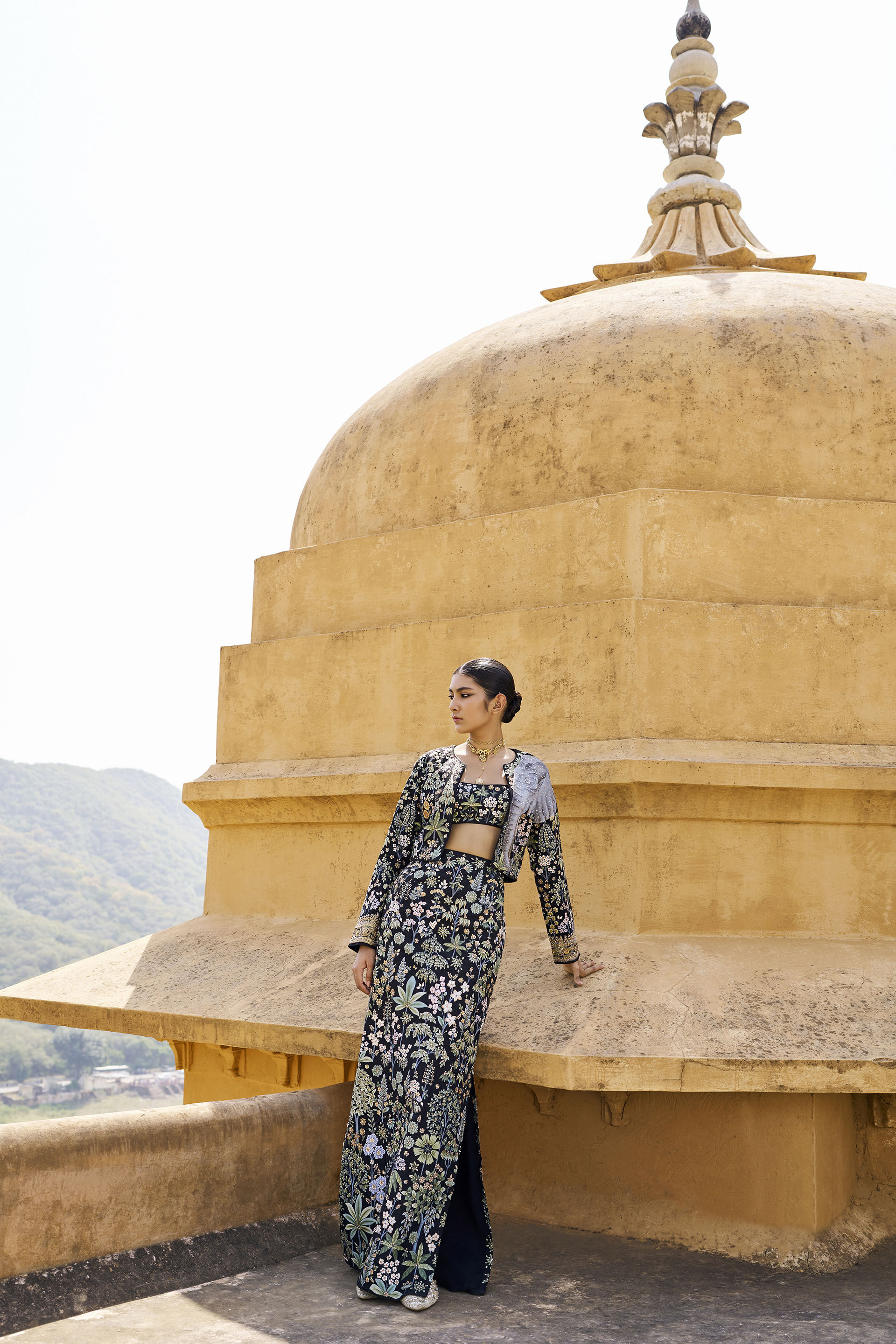 Haathi Harmony Hand-painted Pichhwai Silk Skirt Set - Black