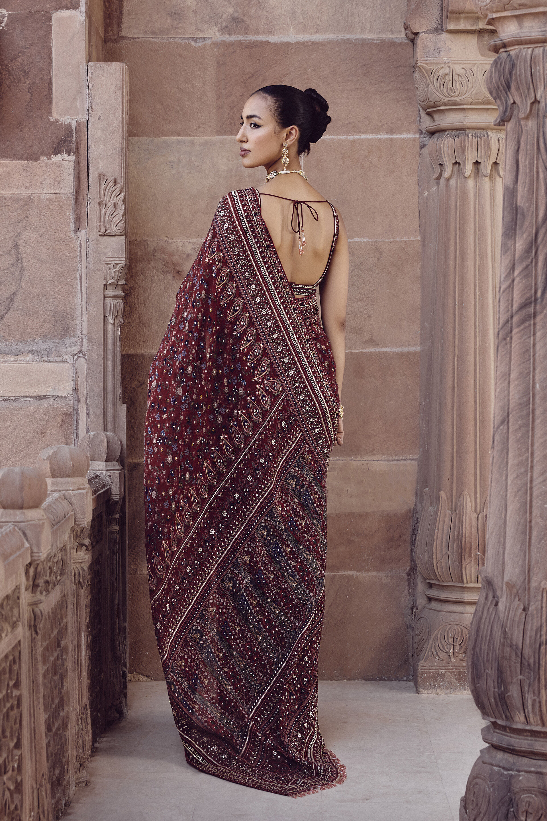 Amalaka Sequin Georgette Saree - Deep Red