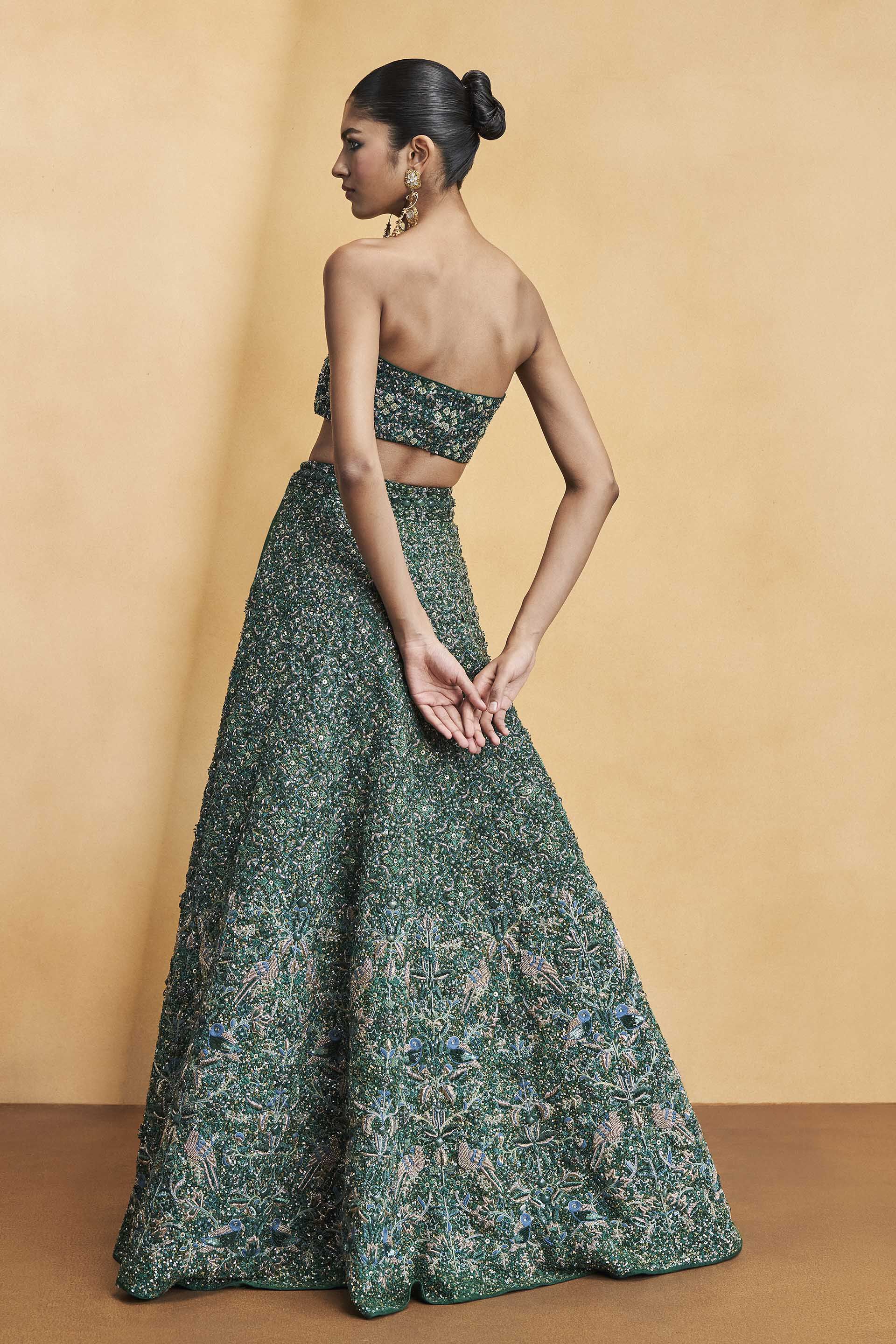 Deep Into The Forest Embroidered Zardozi Silk Skirt Set - Green, Green, image 4