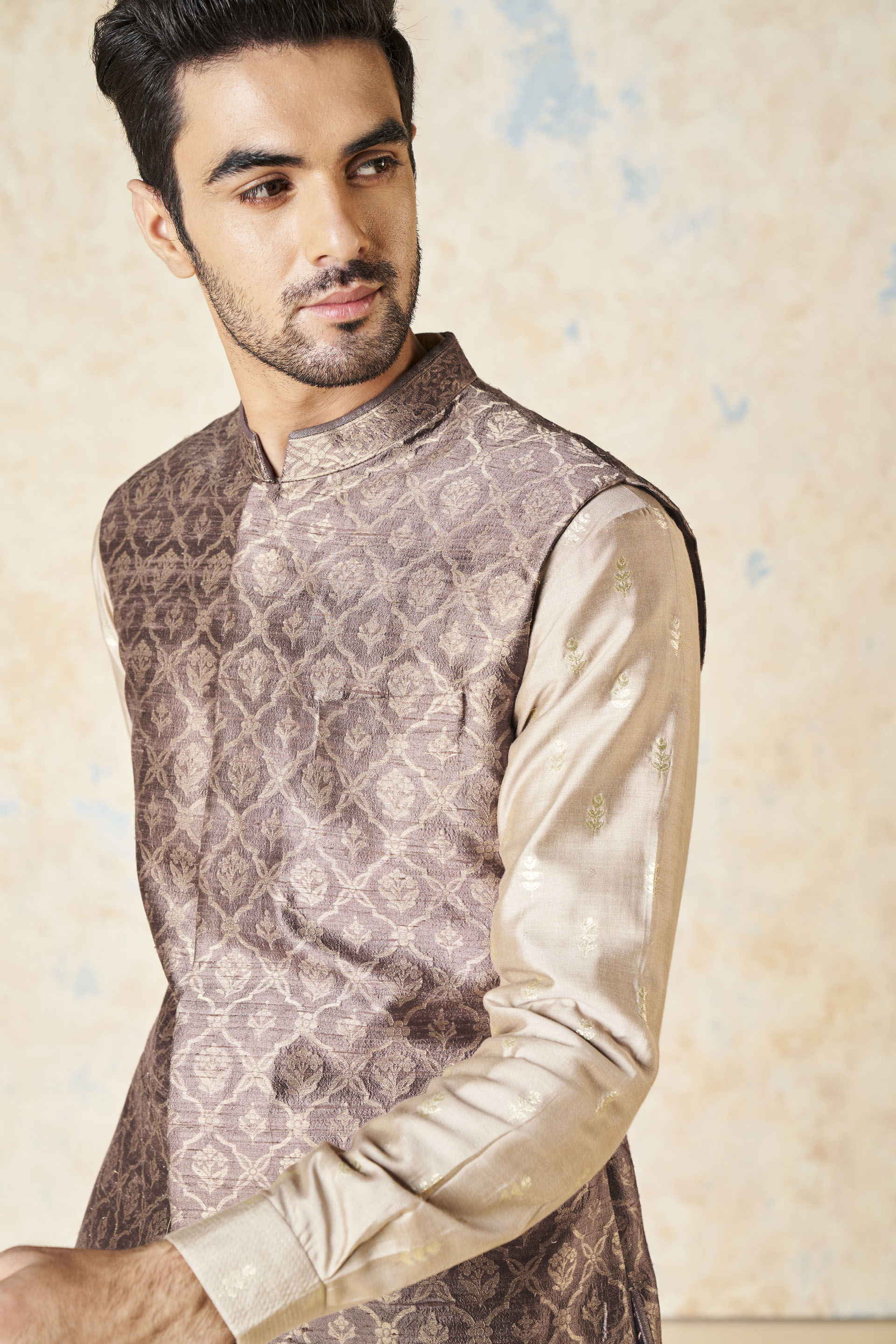 Unman Benarasi Silk Nehru Jacket - Gold, Gold, image 6