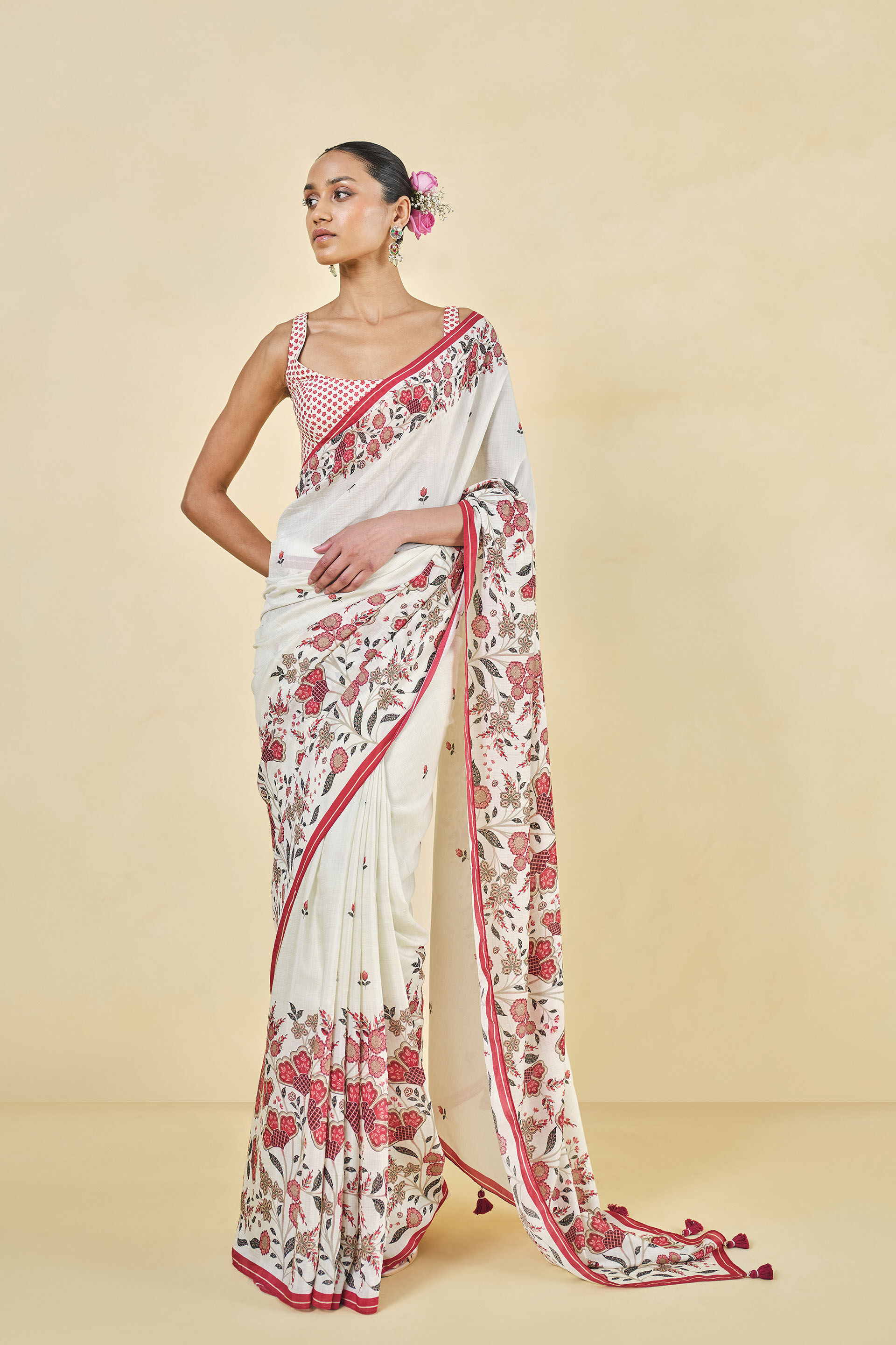 Delano Lyocell Saree, White, image 1